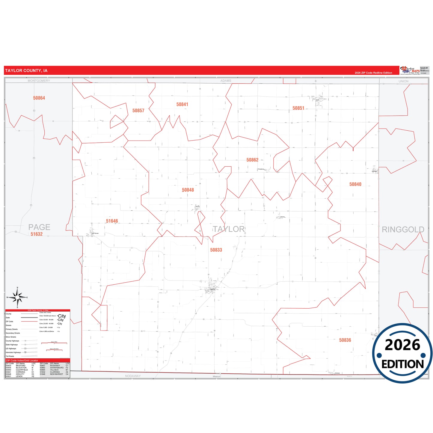 Taylor County, IA Red Line 5 Digit ZIP Code Wall Map