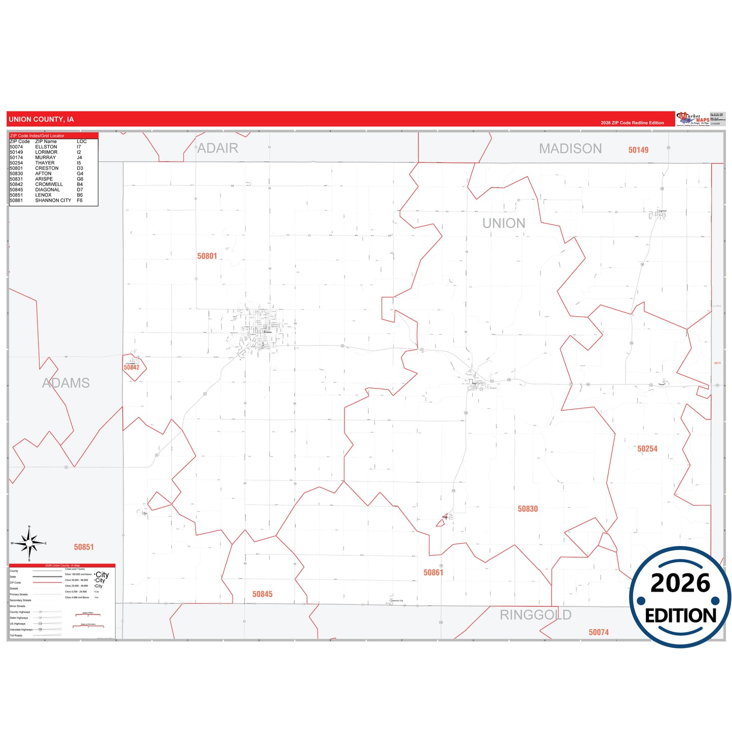 Union County, IA Red Line map with detailed roads, cities, and ZIP code boundaries.