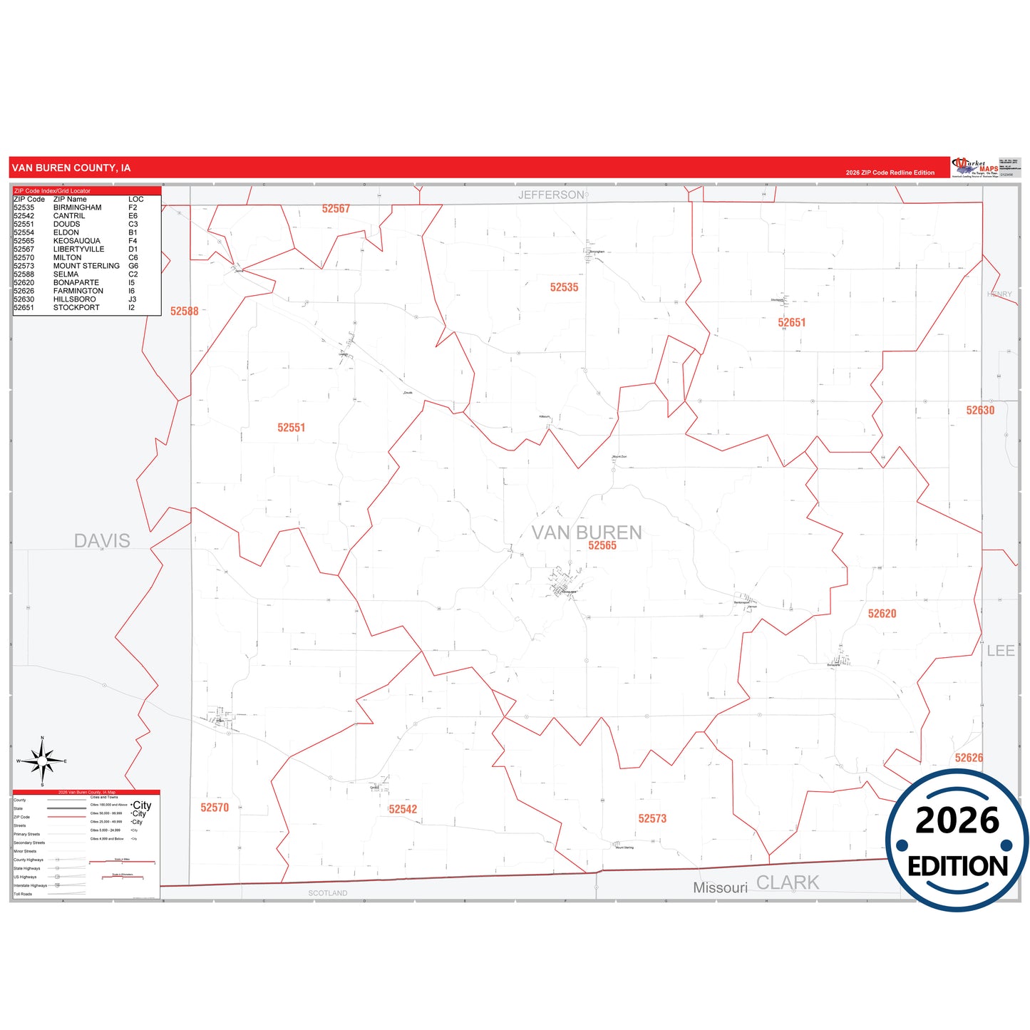 Van Buren County, IA Red Line 5 Digit ZIP Code Wall Map