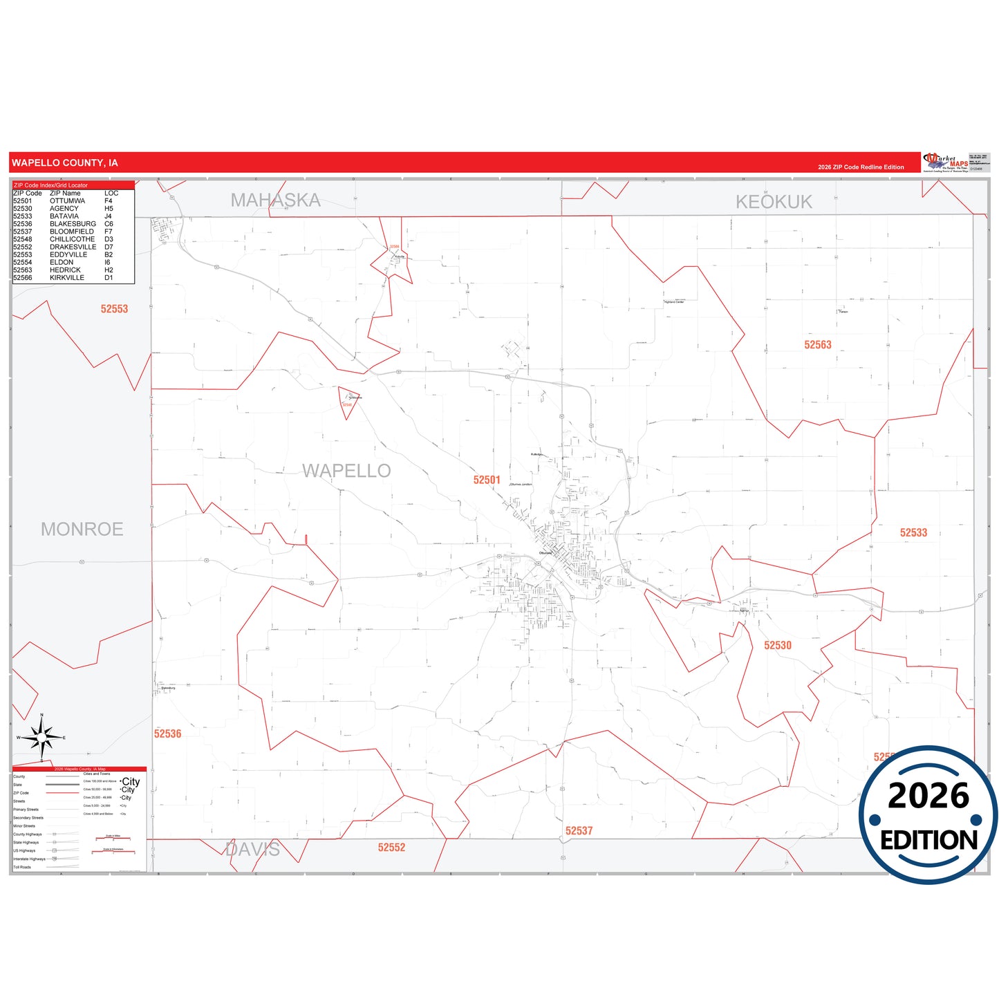 Wapello County, IA Red Line 5 Digit ZIP Code Wall Map