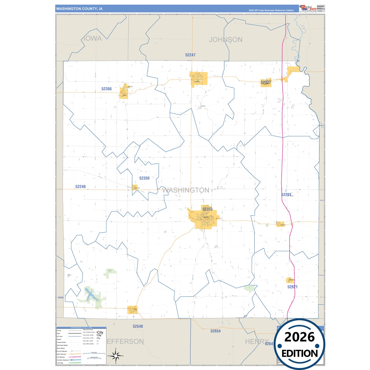 Washington County, IA Business Reference 5 Digit ZIP Code Wall Map