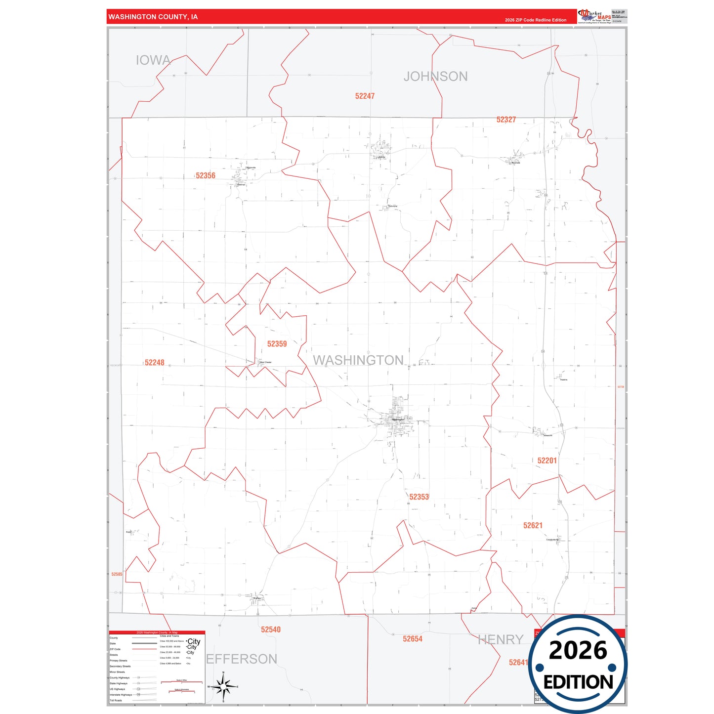 Washington County, IA Red Line 5 Digit ZIP Code Wall Map