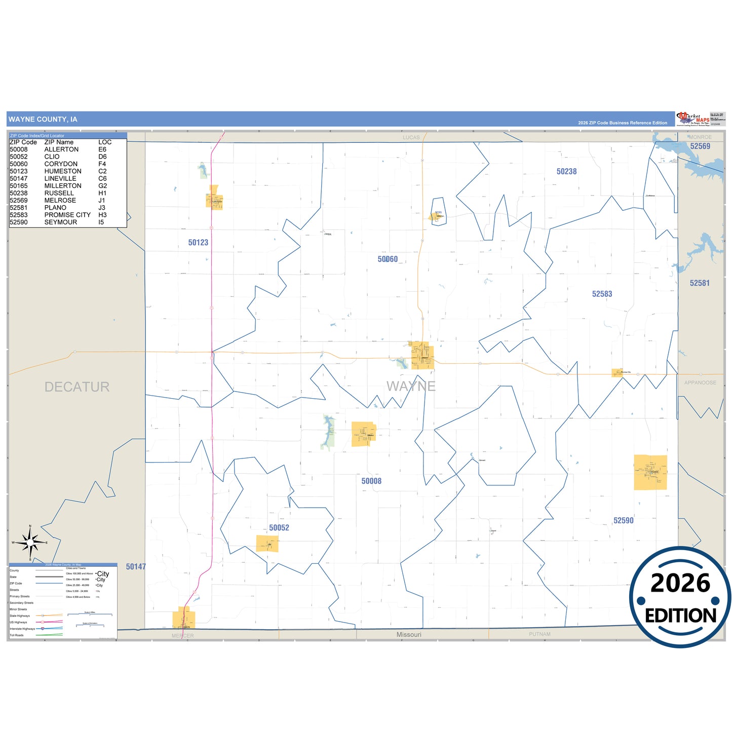 Wayne County, IA Business Reference 5 Digit ZIP Code Wall Map