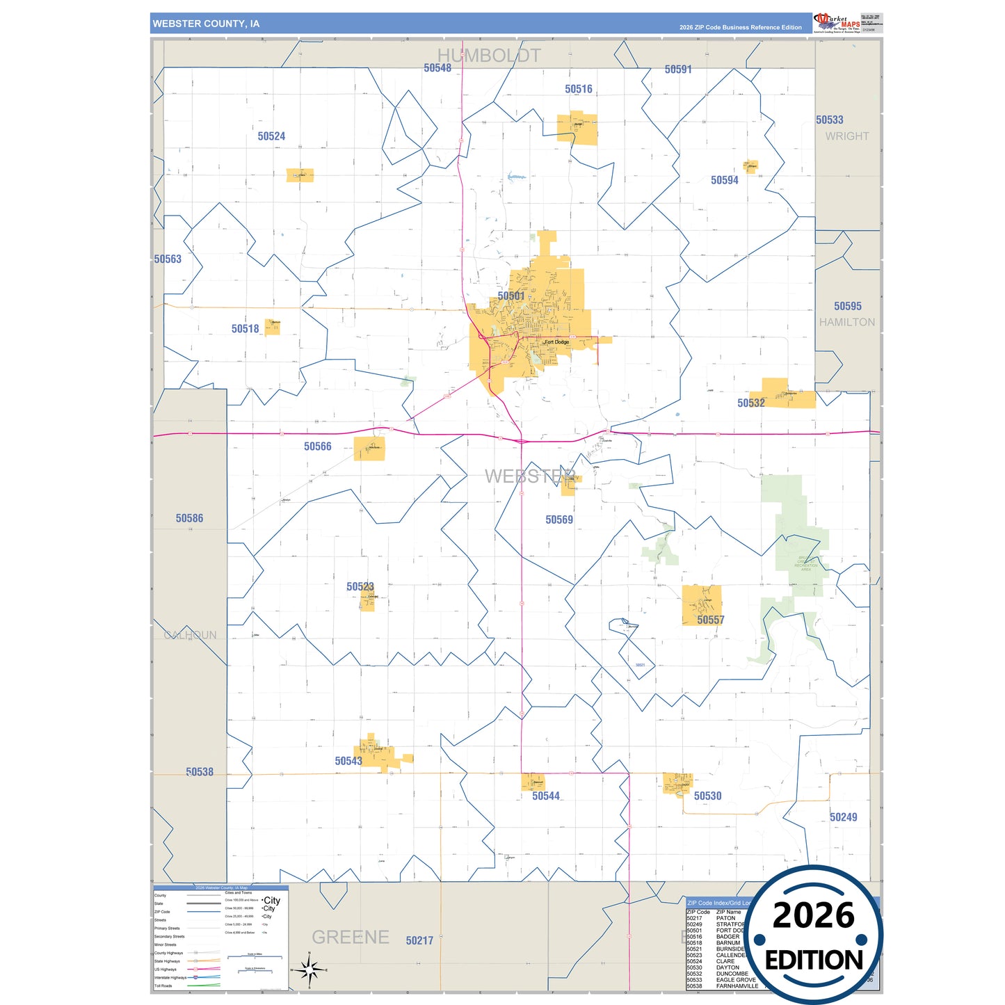 Webster County, IA Business Reference 5 Digit ZIP Code Wall Map