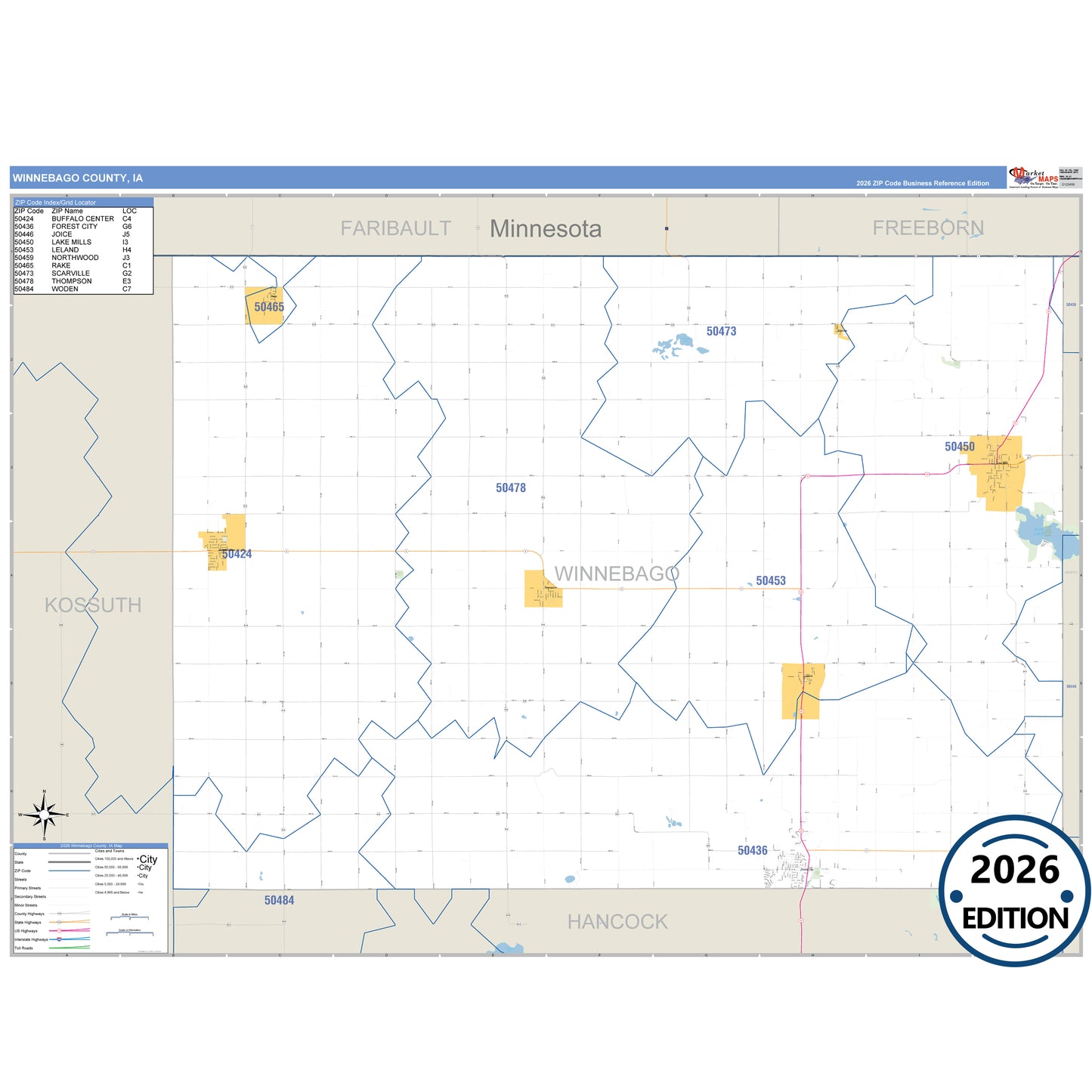 Winnebago County, IA Business Reference 5 Digit ZIP Code Wall Map