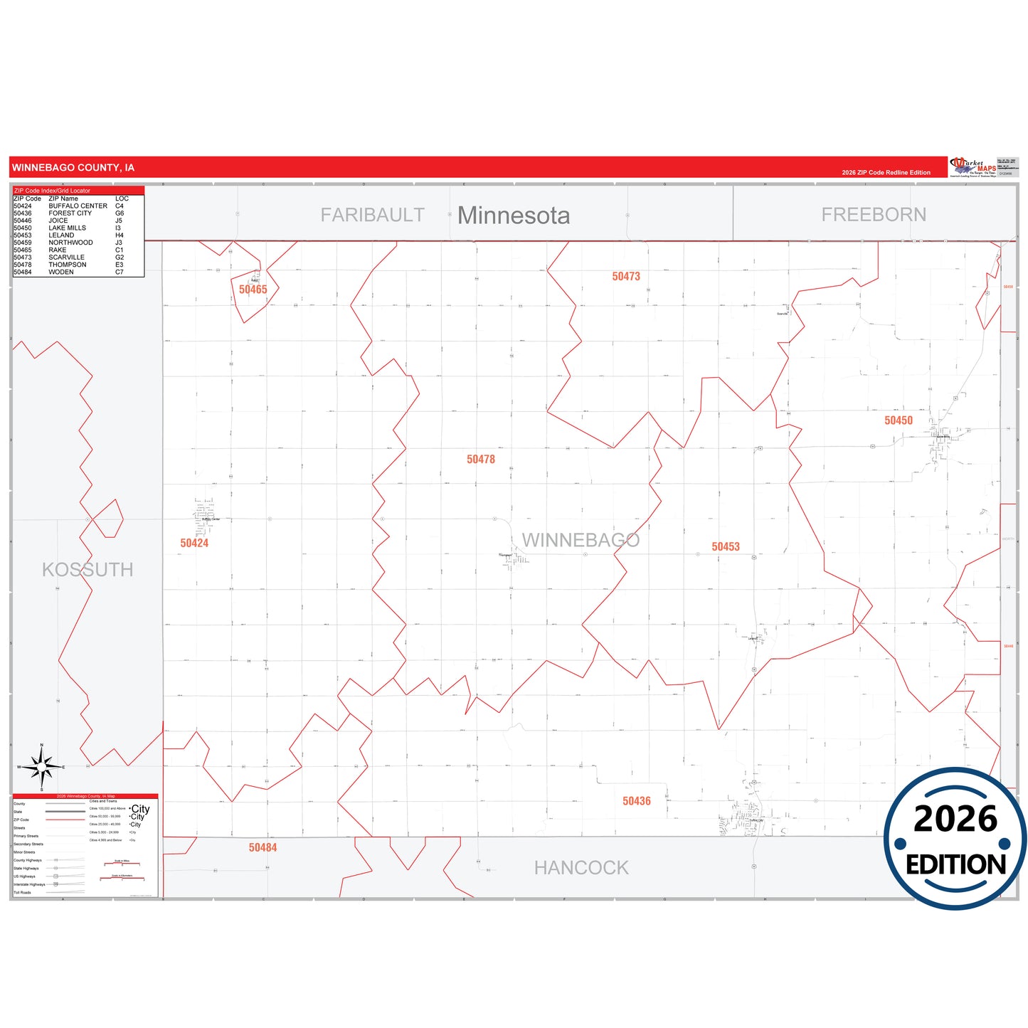 Winnebago County, IA Red Line 5 Digit ZIP Code Wall Map