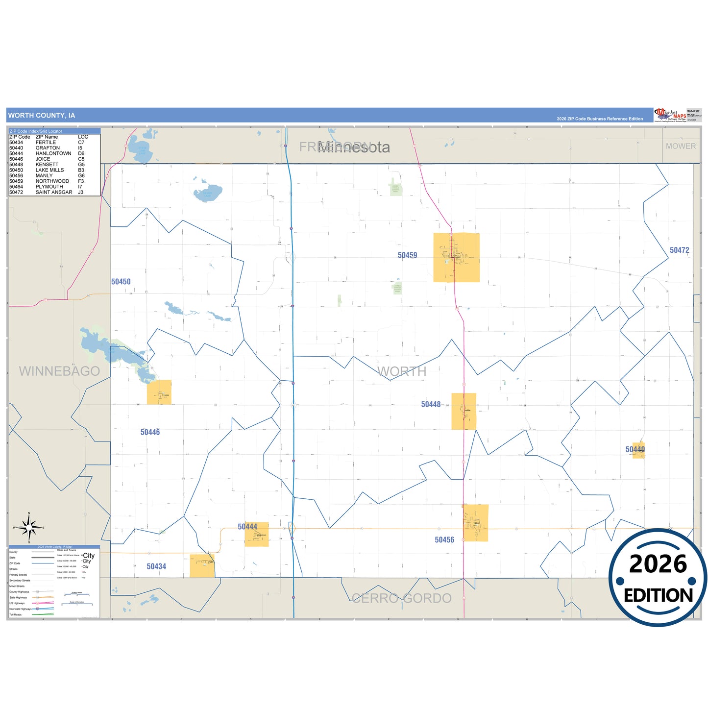 Worth County, IA Business Reference 5 Digit ZIP Code Wall Map