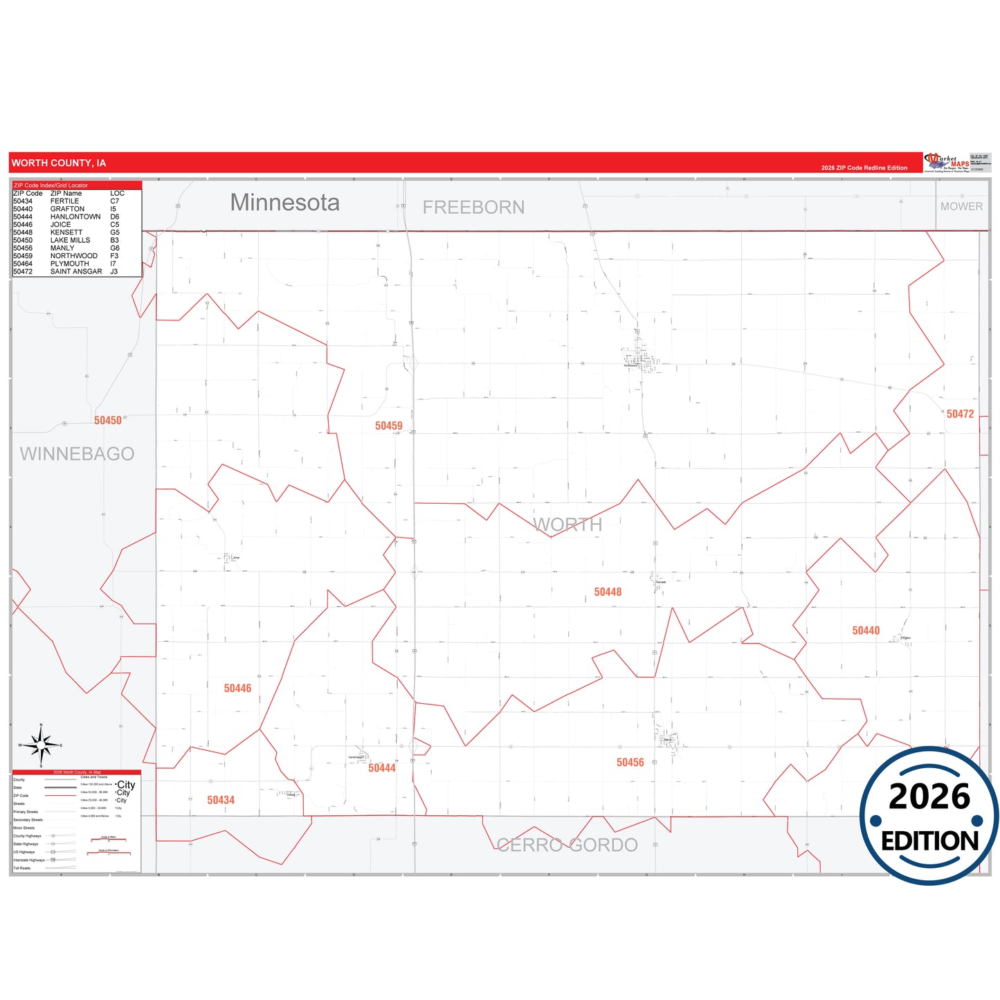 Worth County, IA Red Line 5 Digit ZIP Code Wall Map