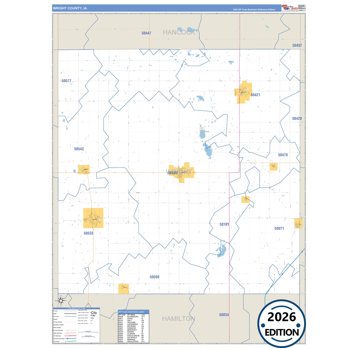 Wright County, IA Business Reference 5 Digit ZIP Code Wall Map