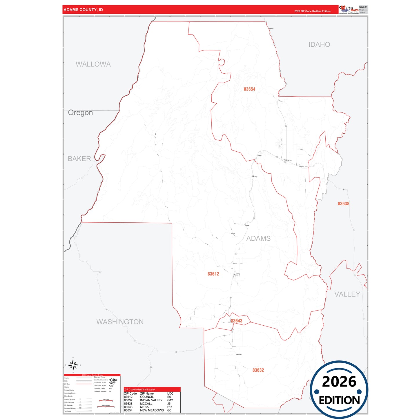 Adams County, ID Red Line 5 Digit ZIP Code Wall Map