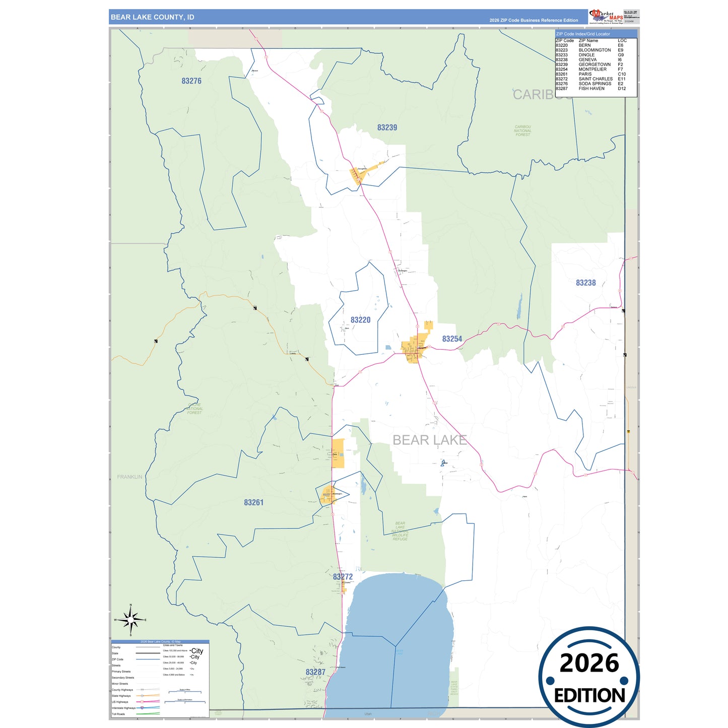 Bear Lake County, ID Business Reference 5 Digit ZIP Code Wall Map