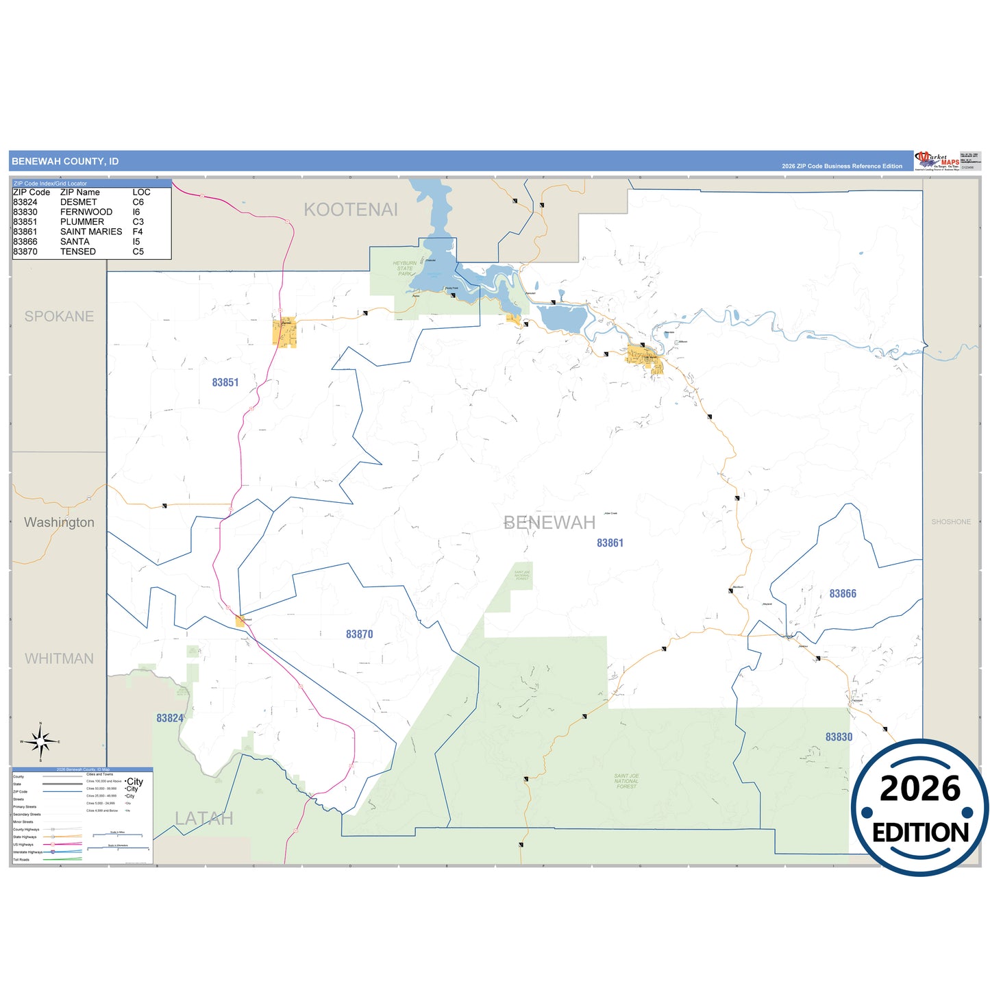 Benewah County, ID Business Reference 5 Digit ZIP Code Wall Map