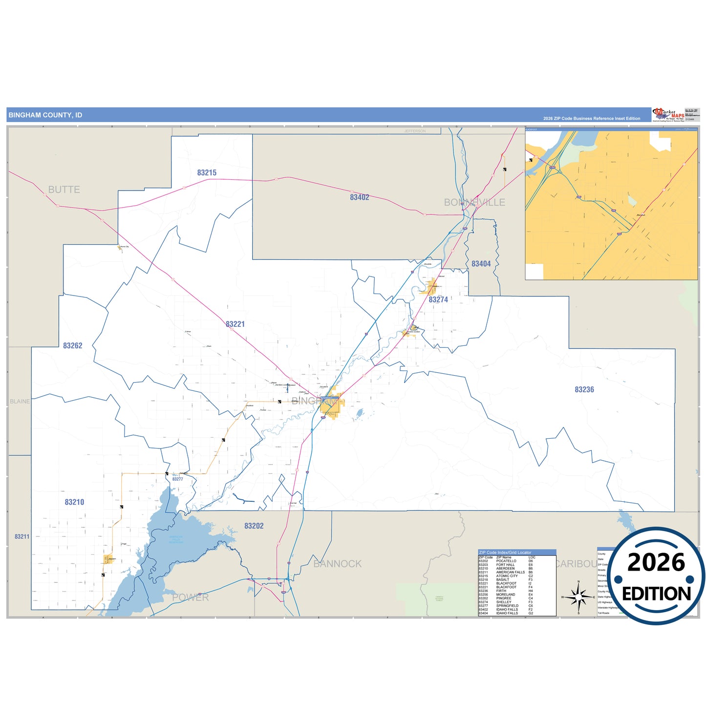Bingham County, ID Business Reference 5 Digit ZIP Code Wall Map