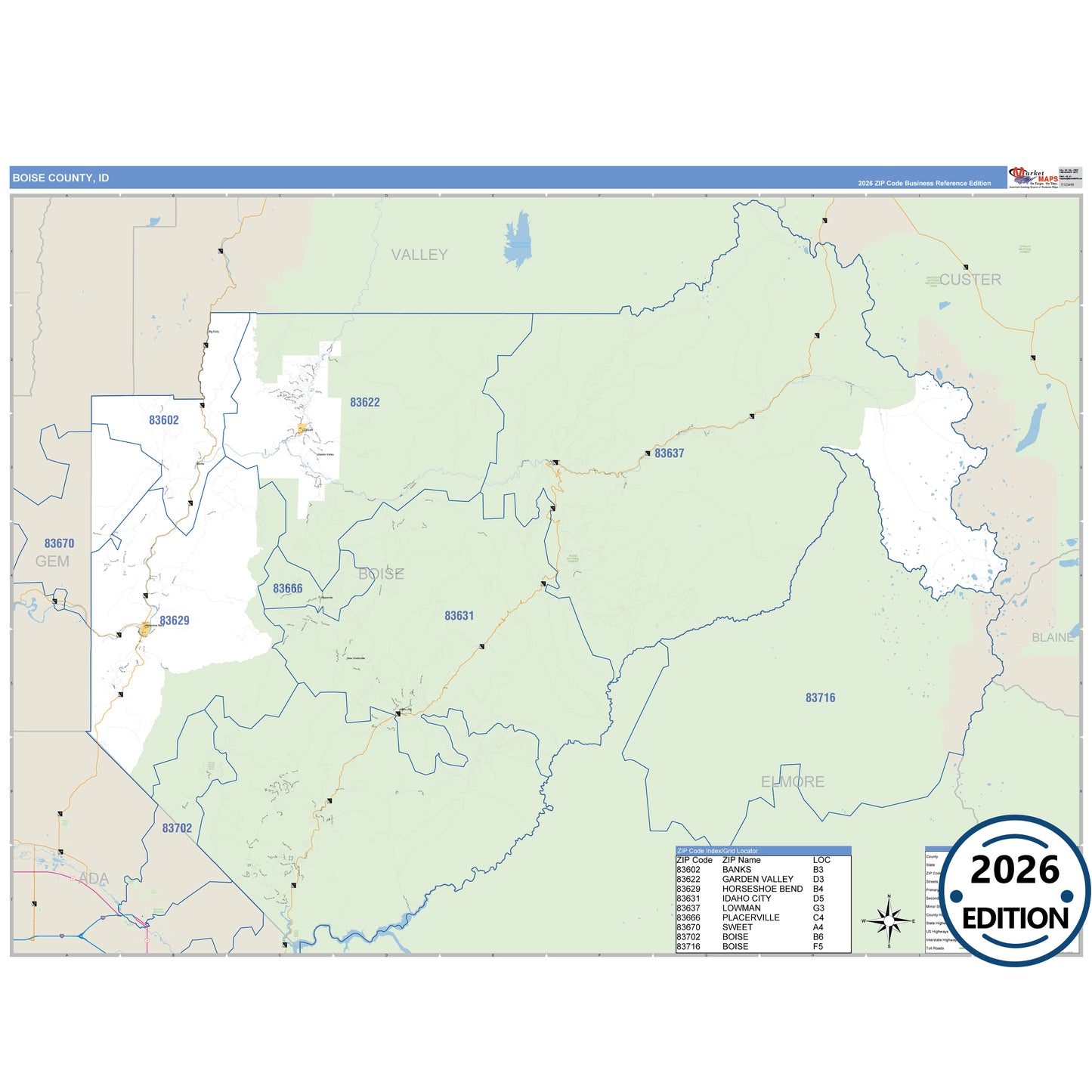 Boise County, ID Business Reference 5 Digit ZIP Code Wall Map
