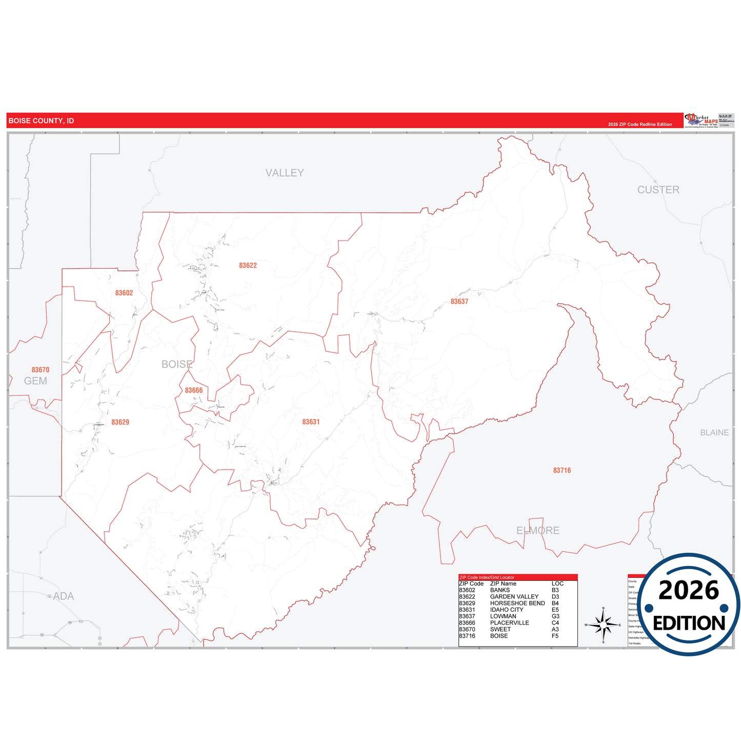 Boise County, ID Red Line 5 Digit ZIP Code Wall Map