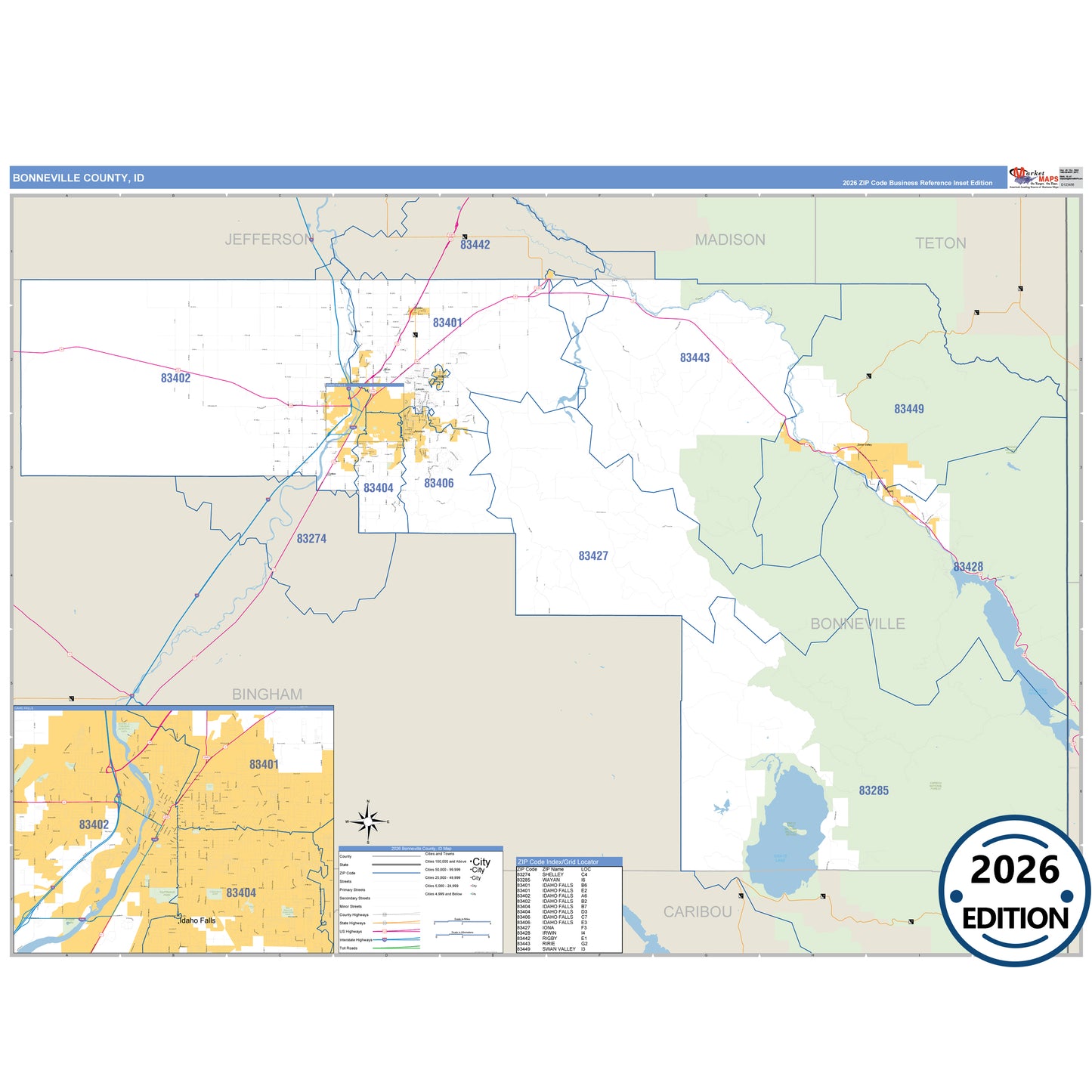 Bonneville County, ID Business Reference 5 Digit ZIP Code Wall Map