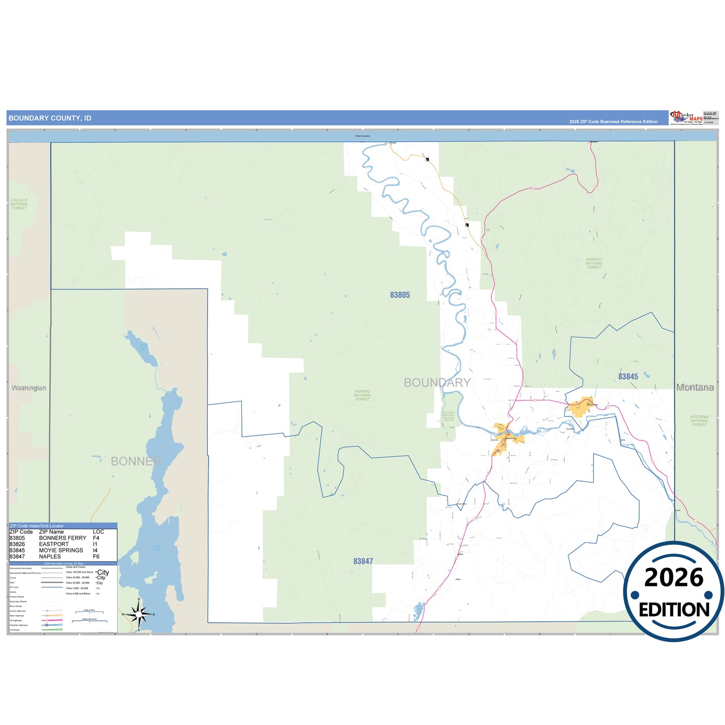 Boundary County, ID Business Reference 5 Digit ZIP Code Wall Map