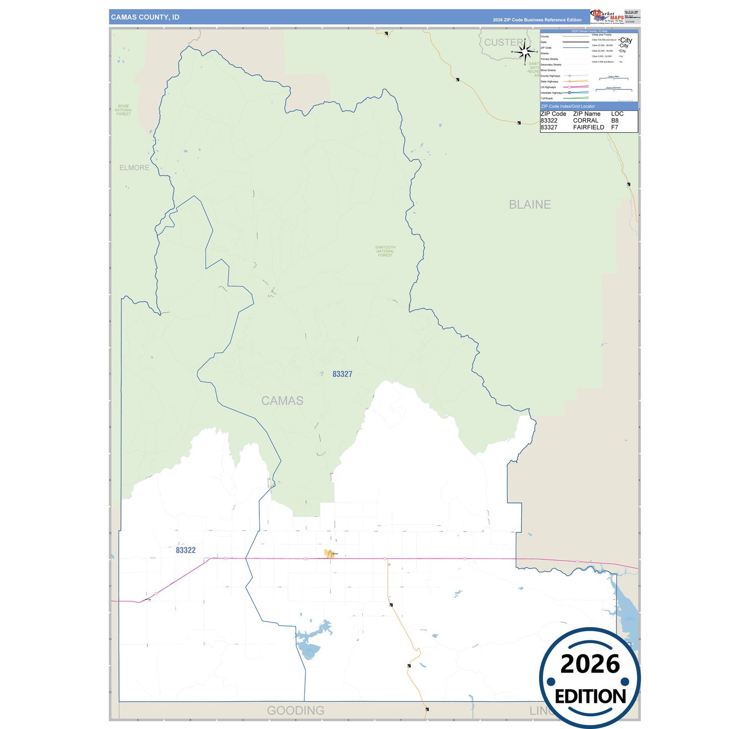 Camas County, ID Business Reference 5 Digit ZIP Code Wall Map