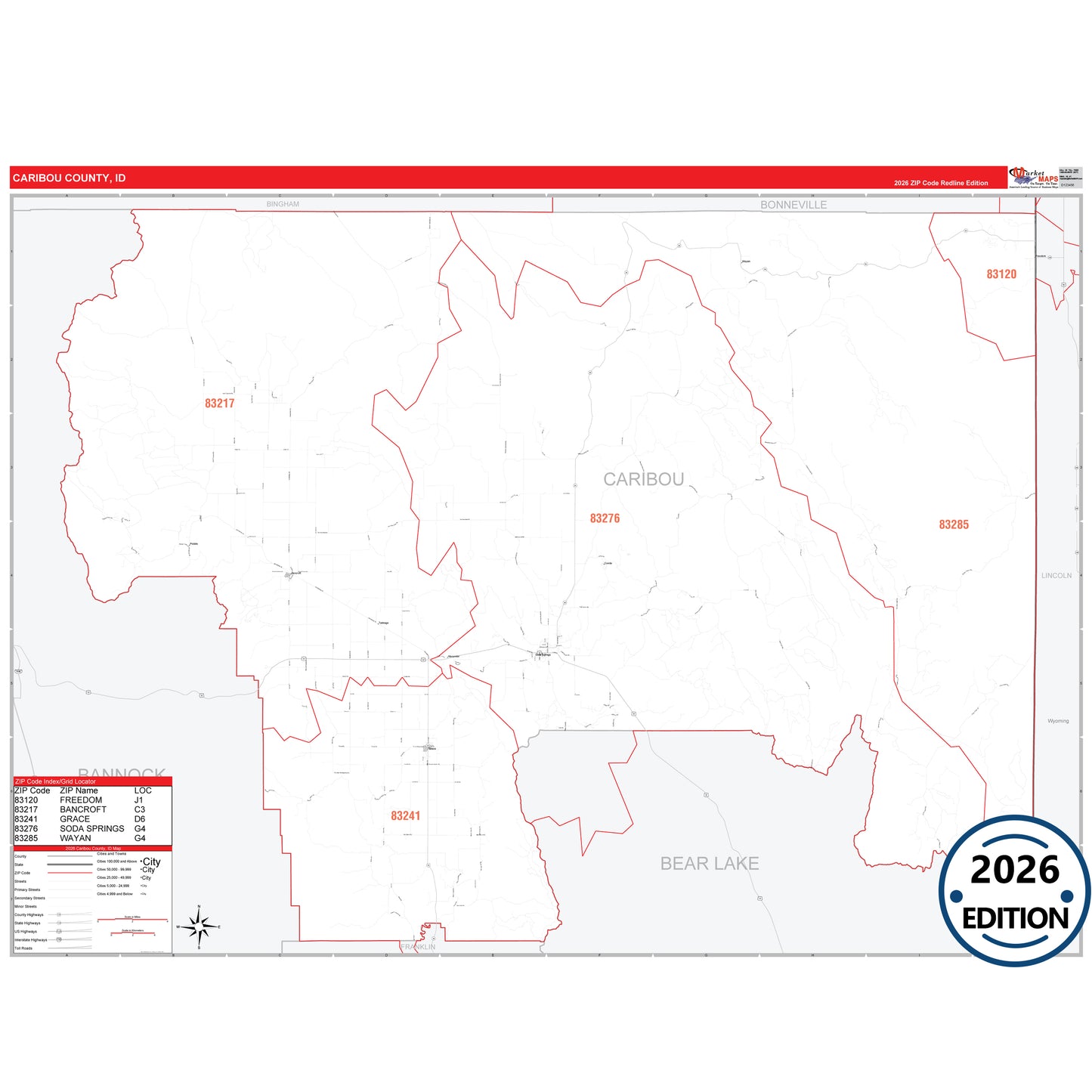 Caribou County, ID Red Line 5 Digit ZIP Code Wall Map