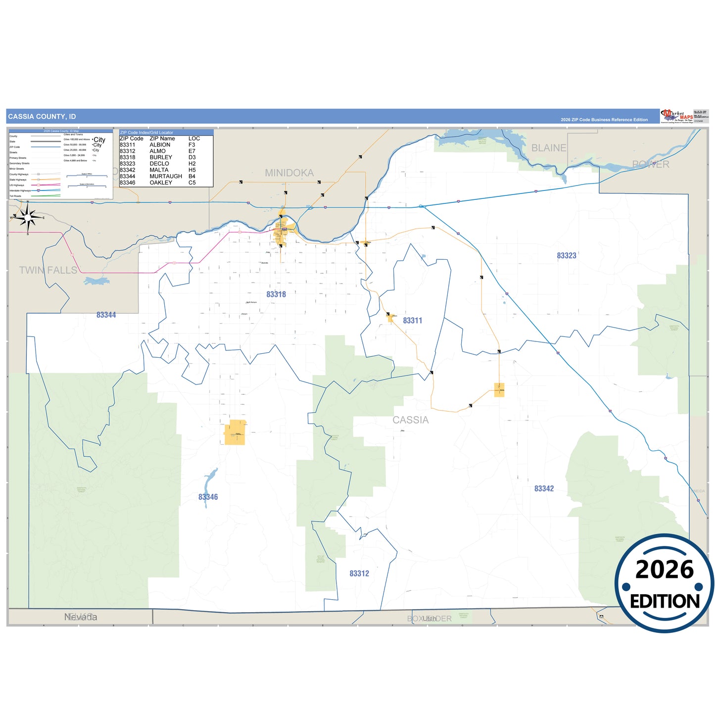Cassia County, ID Business Reference 5 Digit ZIP Code Wall Map