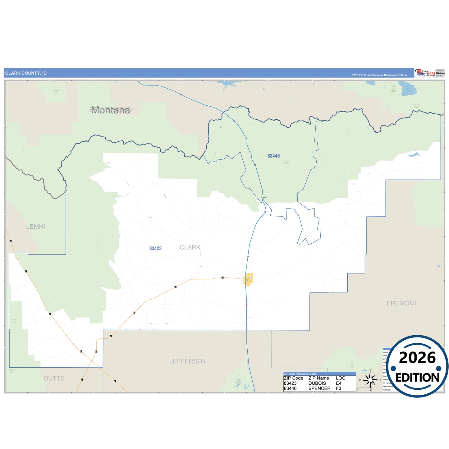 Clark County, ID Business Reference 5 Digit ZIP Code Wall Map