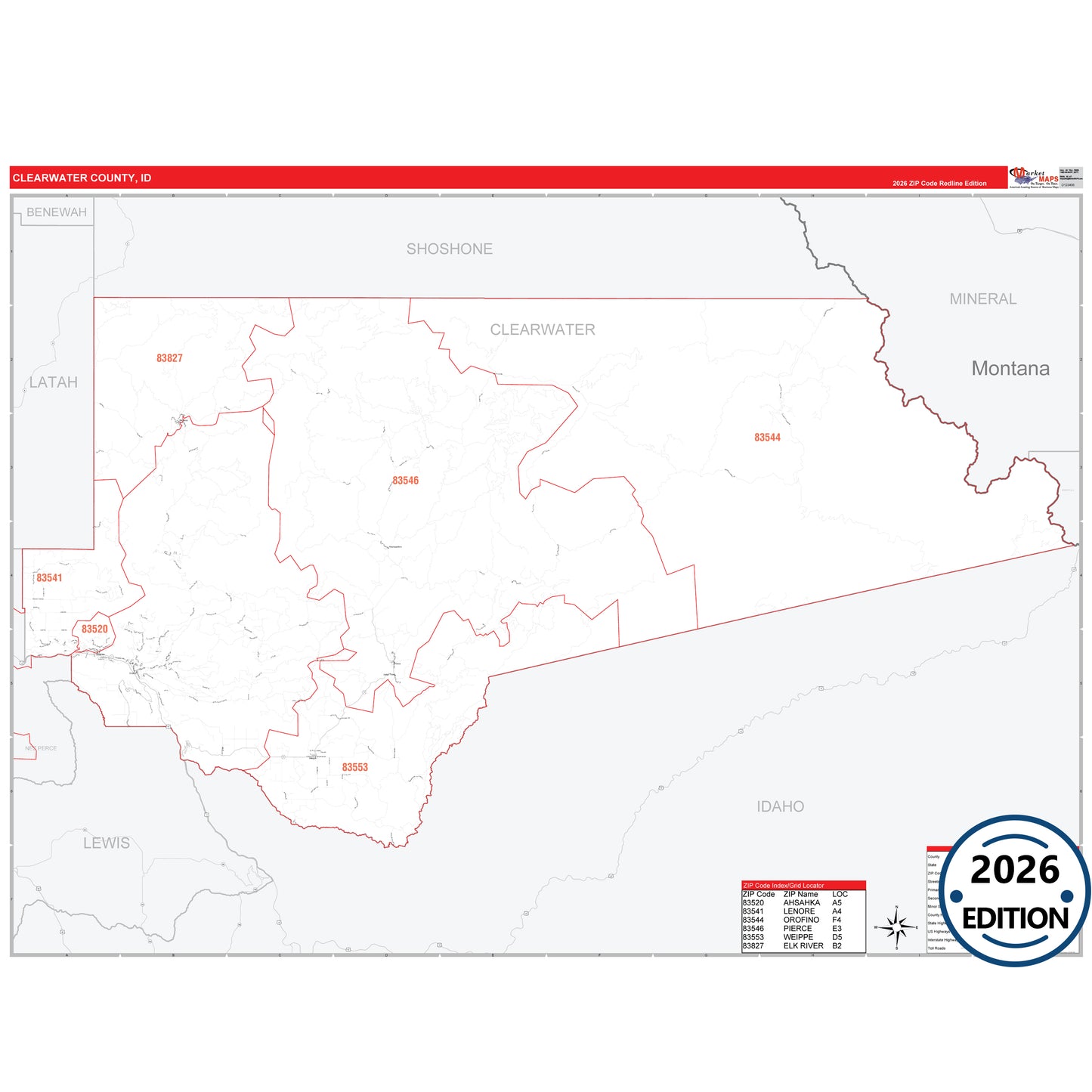 Clearwater County, ID Red Line 5 Digit ZIP Code Wall Map