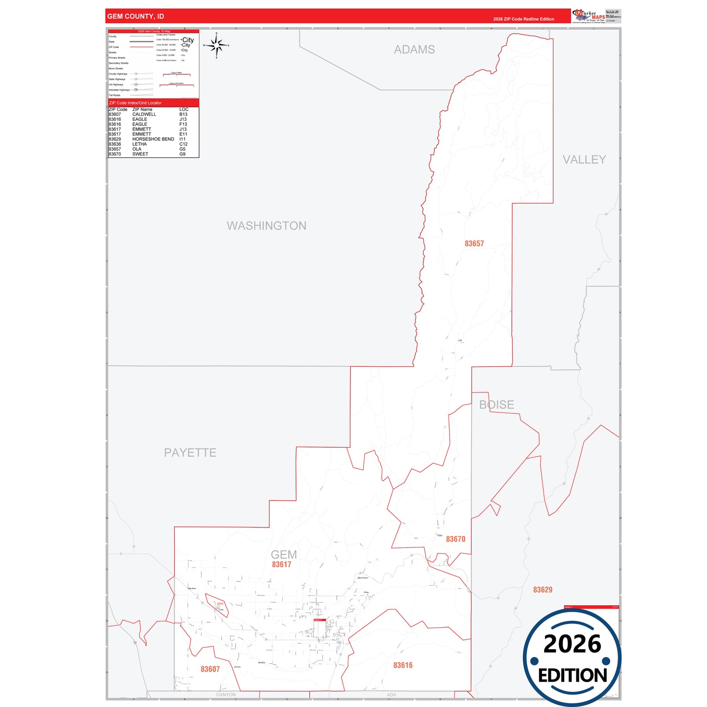 Gem County, ID Red Line 5 Digit ZIP Code Wall Map