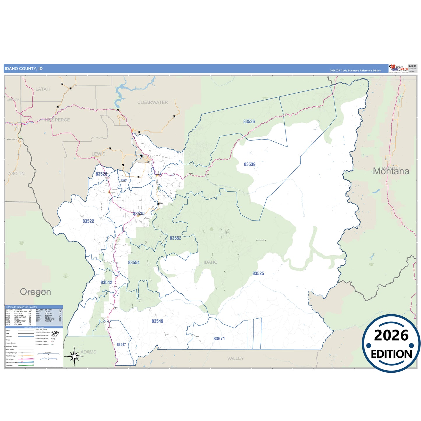 Idaho County, ID Business Reference 5 Digit ZIP Code Wall Map