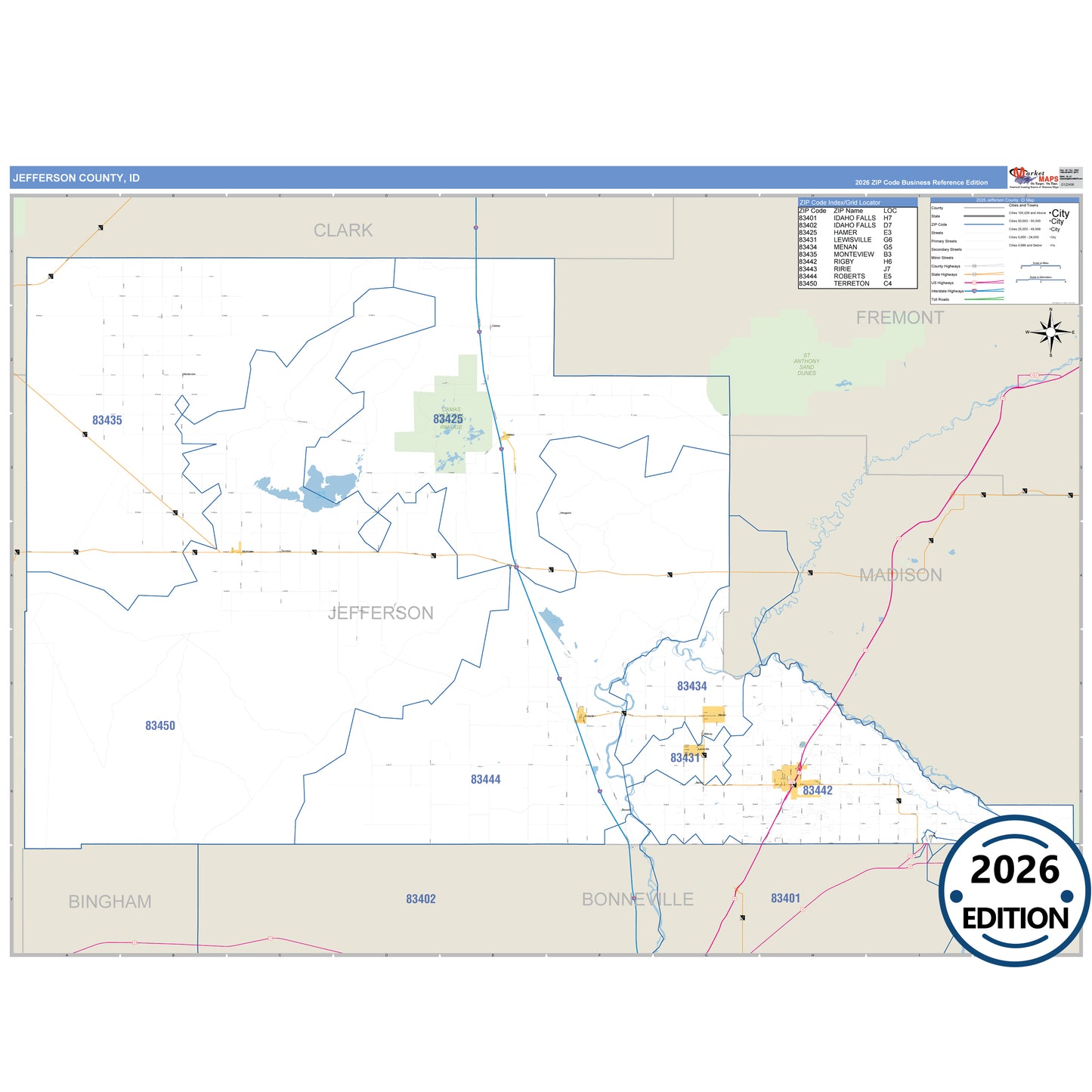 Jefferson County, ID Business Reference 5 Digit ZIP Code Wall Map