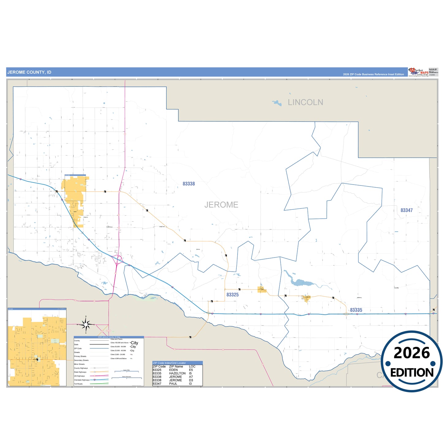 Jerome County, ID Business Reference 5 Digit ZIP Code Wall Map