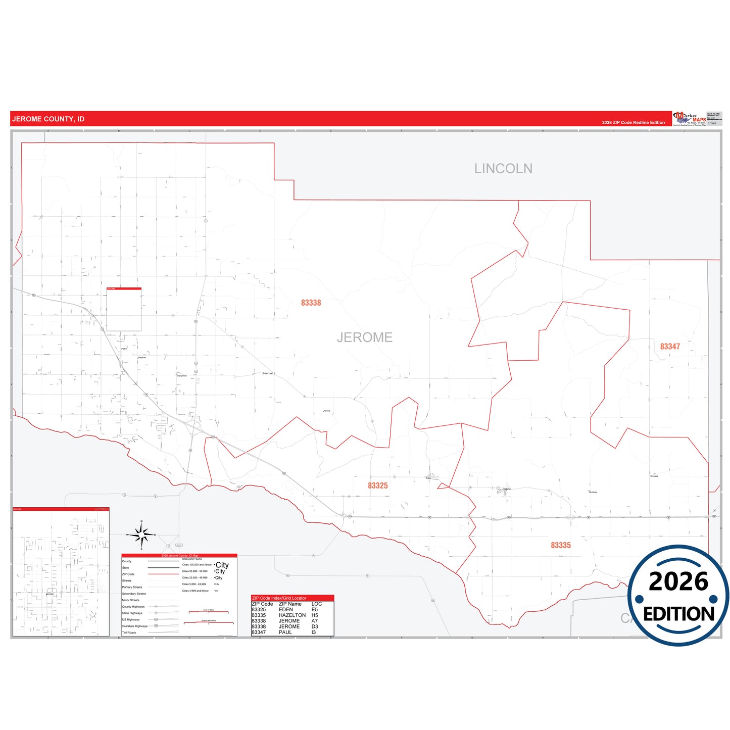 Jerome County, ID Red Line 5 Digit ZIP Code Wall Map