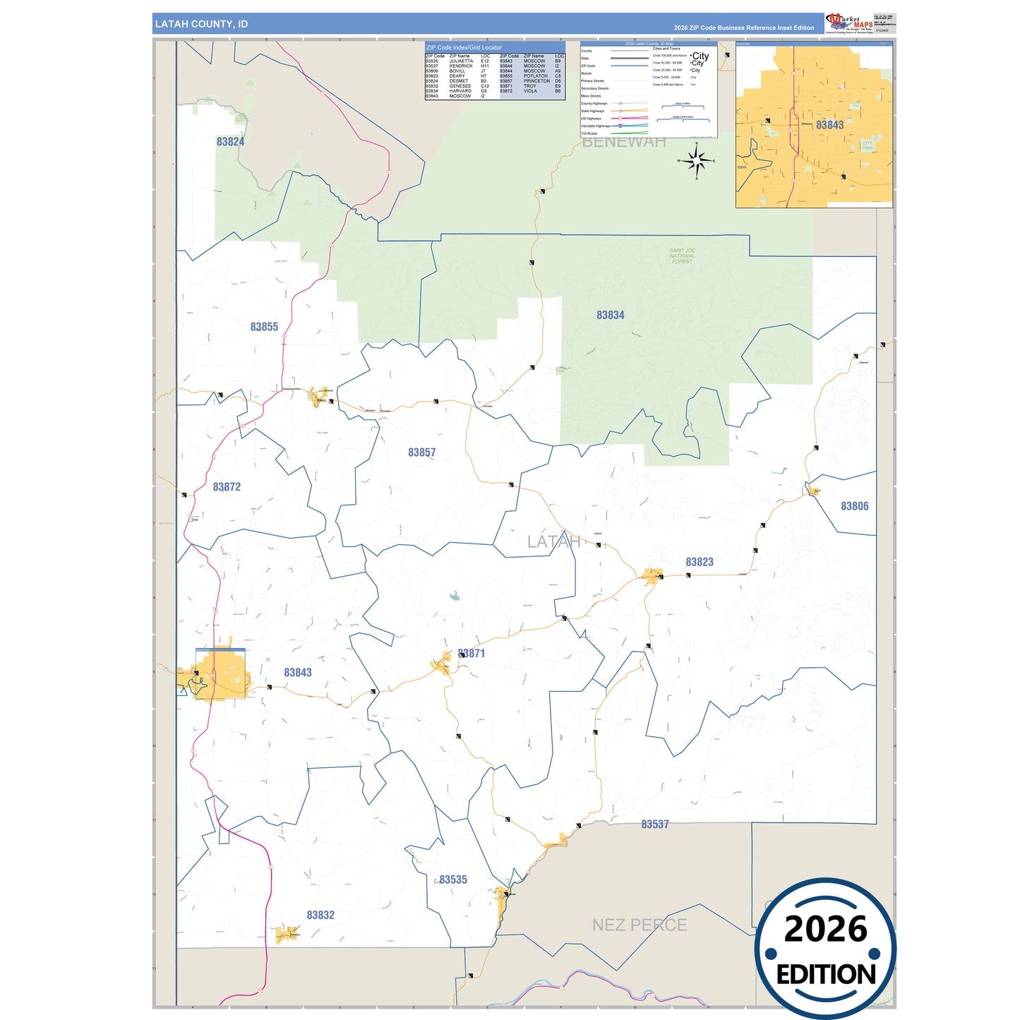 Latah County, ID Business Reference 5 Digit ZIP Code Wall Map