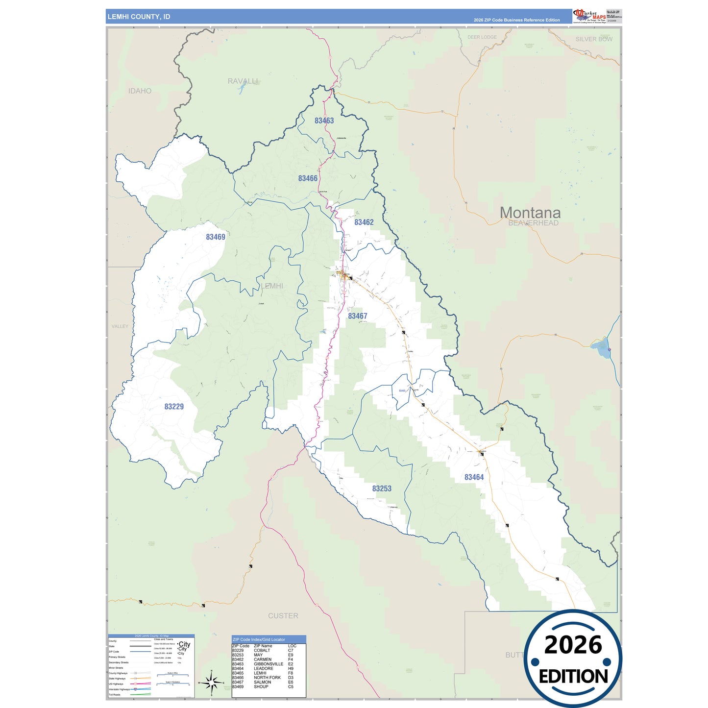 Lemhi County, ID Business Reference 5 Digit ZIP Code Wall Map
