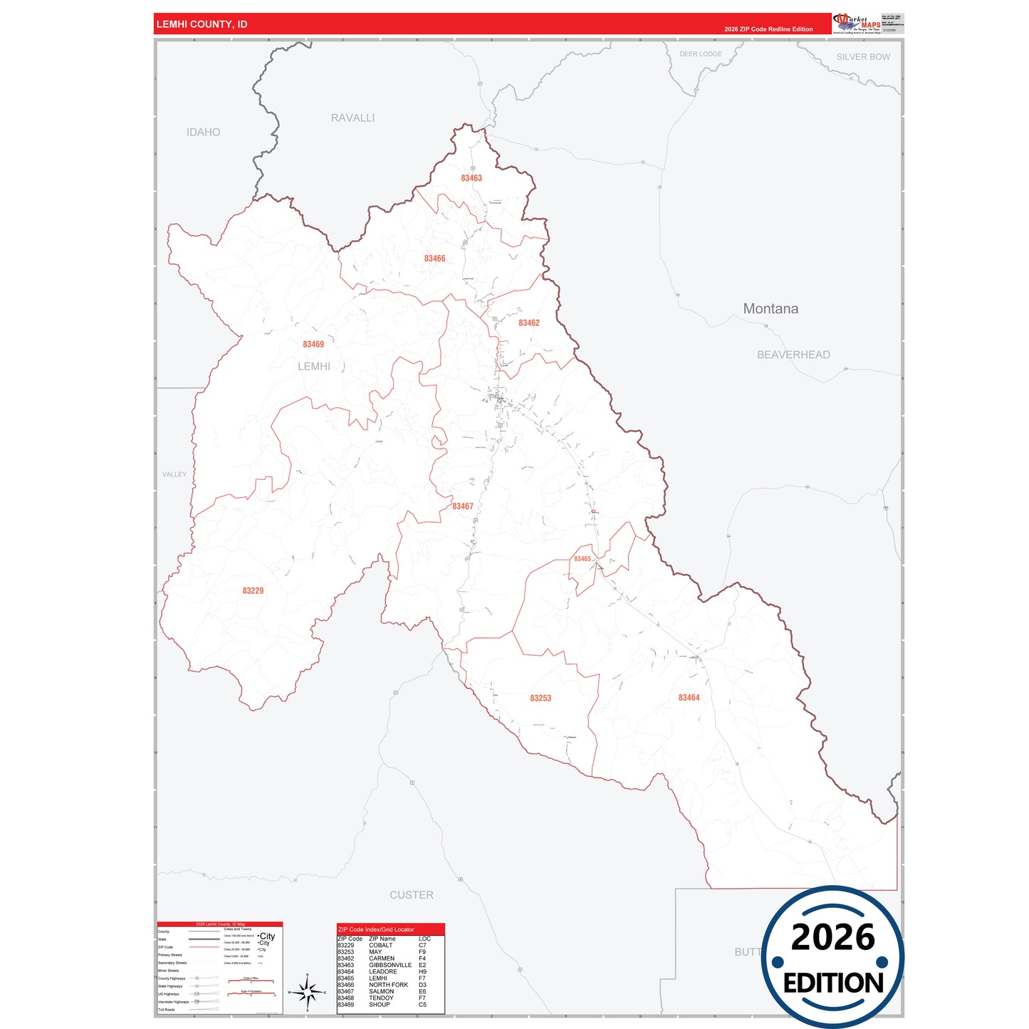 Lemhi County, ID Red Line 5 Digit ZIP Code Wall Map