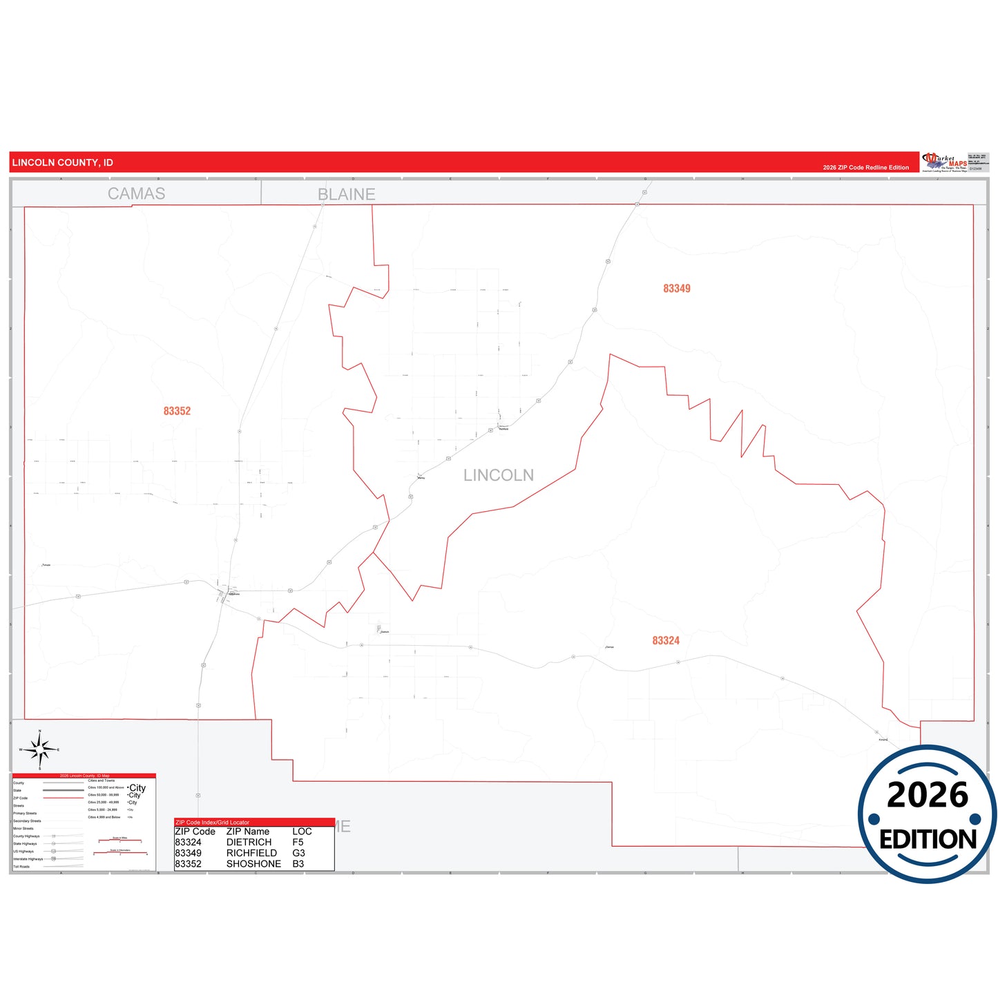 Lincoln County, ID Red Line 5 Digit ZIP Code Wall Map