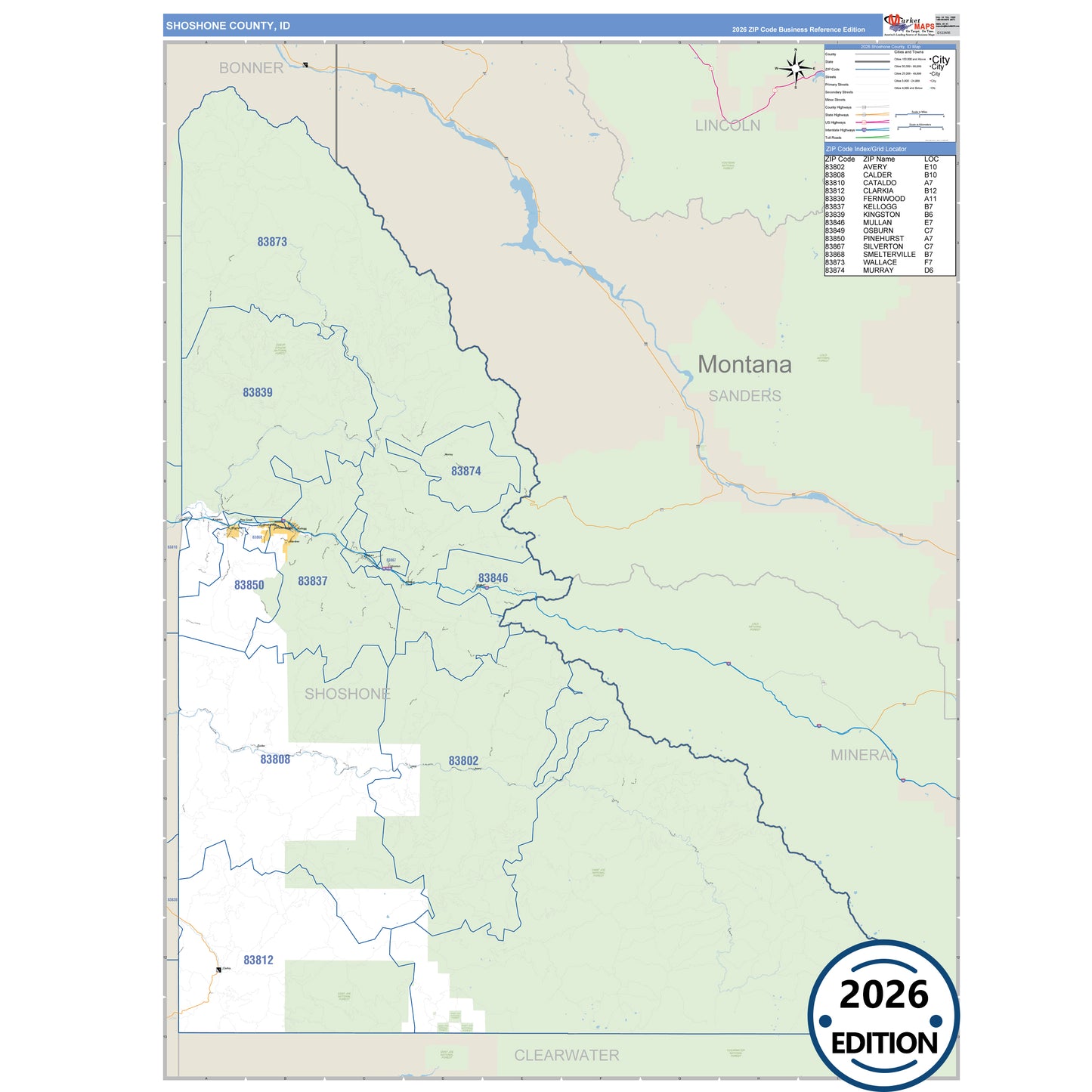 Shoshone County, ID Business Reference 5 Digit ZIP Code Wall Map