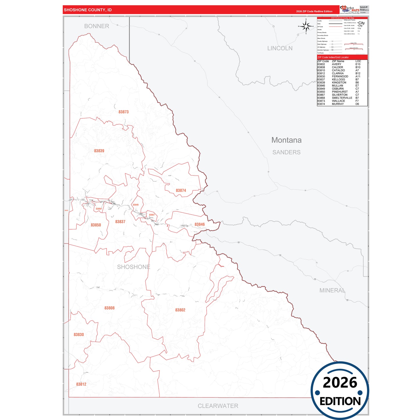 Shoshone County, ID Red Line 5 Digit ZIP Code Wall Map