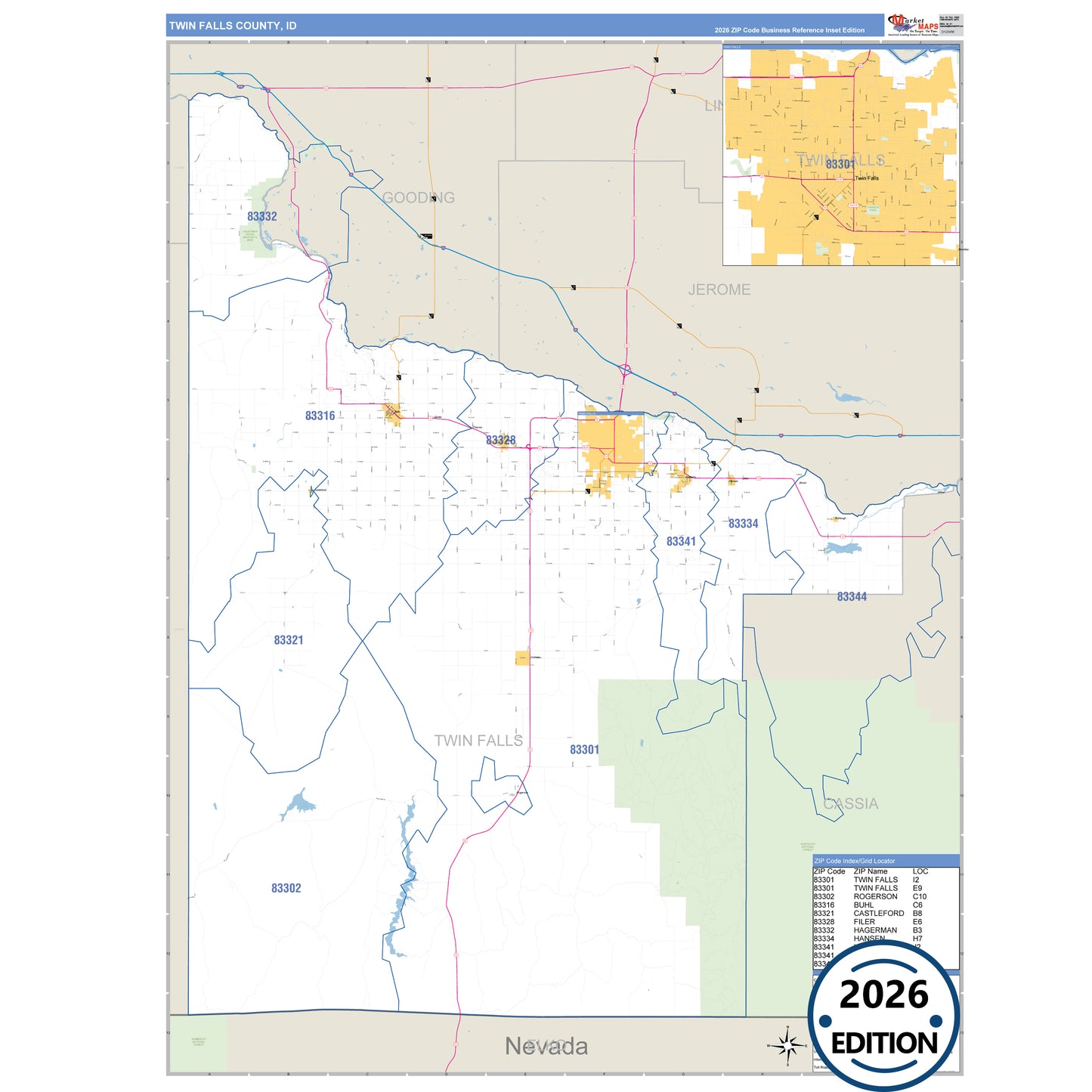 Twin Falls County, ID Business Reference 5 Digit ZIP Code Wall Map