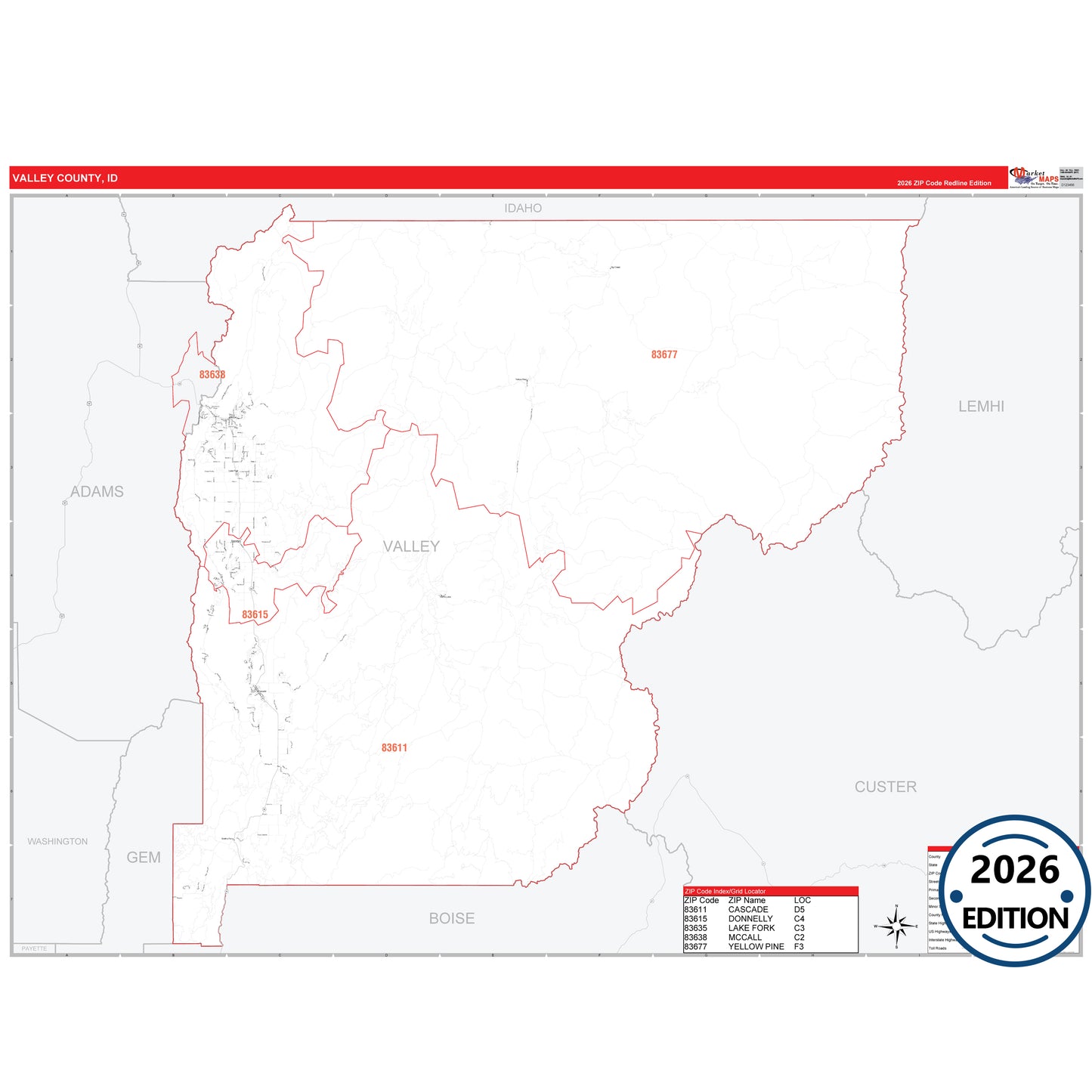 Valley County, ID Red Line 5 Digit ZIP Code Wall Map