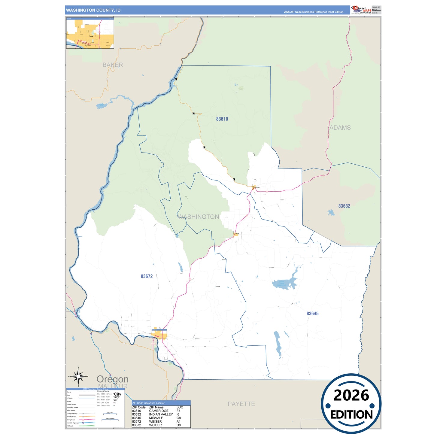 Washington County, ID Business Reference 5 Digit ZIP Code Wall Map