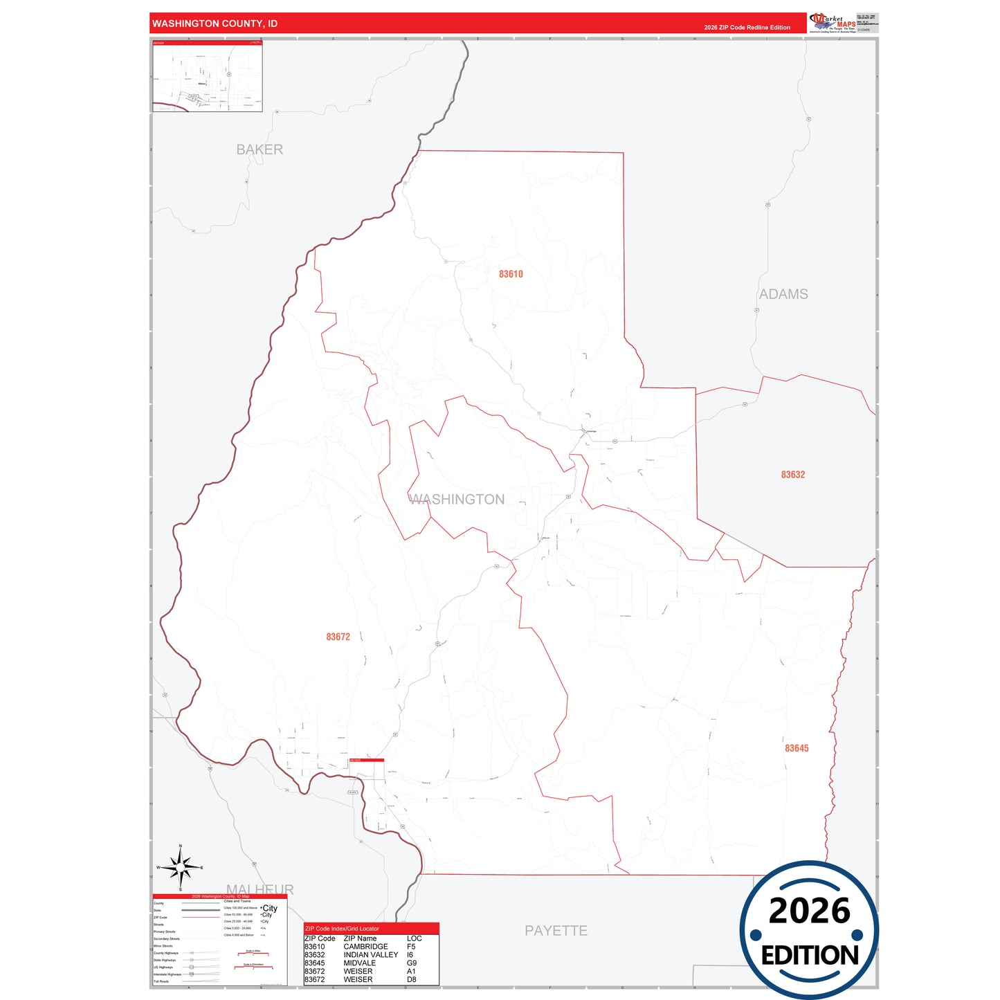 Washington County, ID Red Line 5 Digit ZIP Code Wall Map