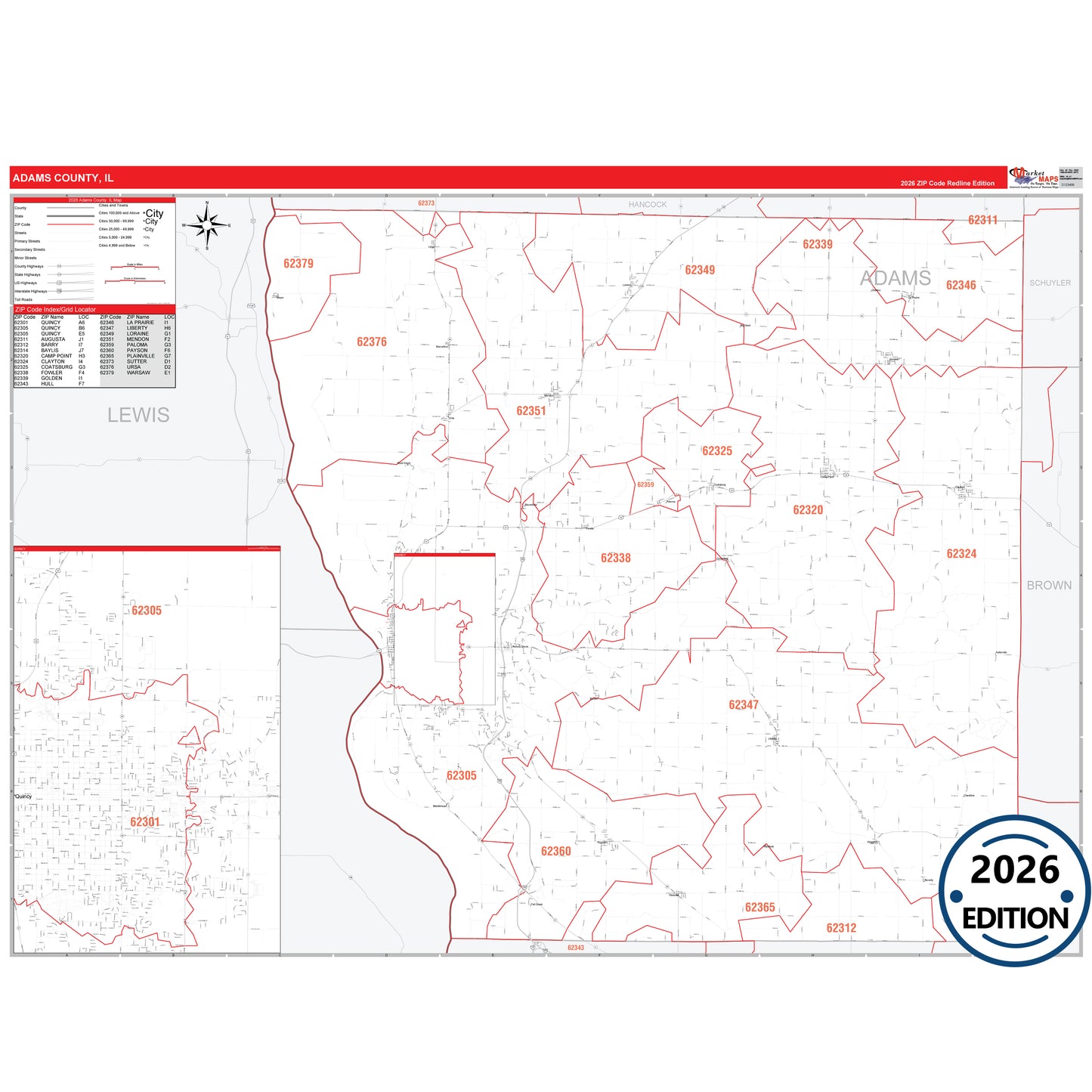 Adams County, IL Red Line 5 Digit ZIP Code Wall Map