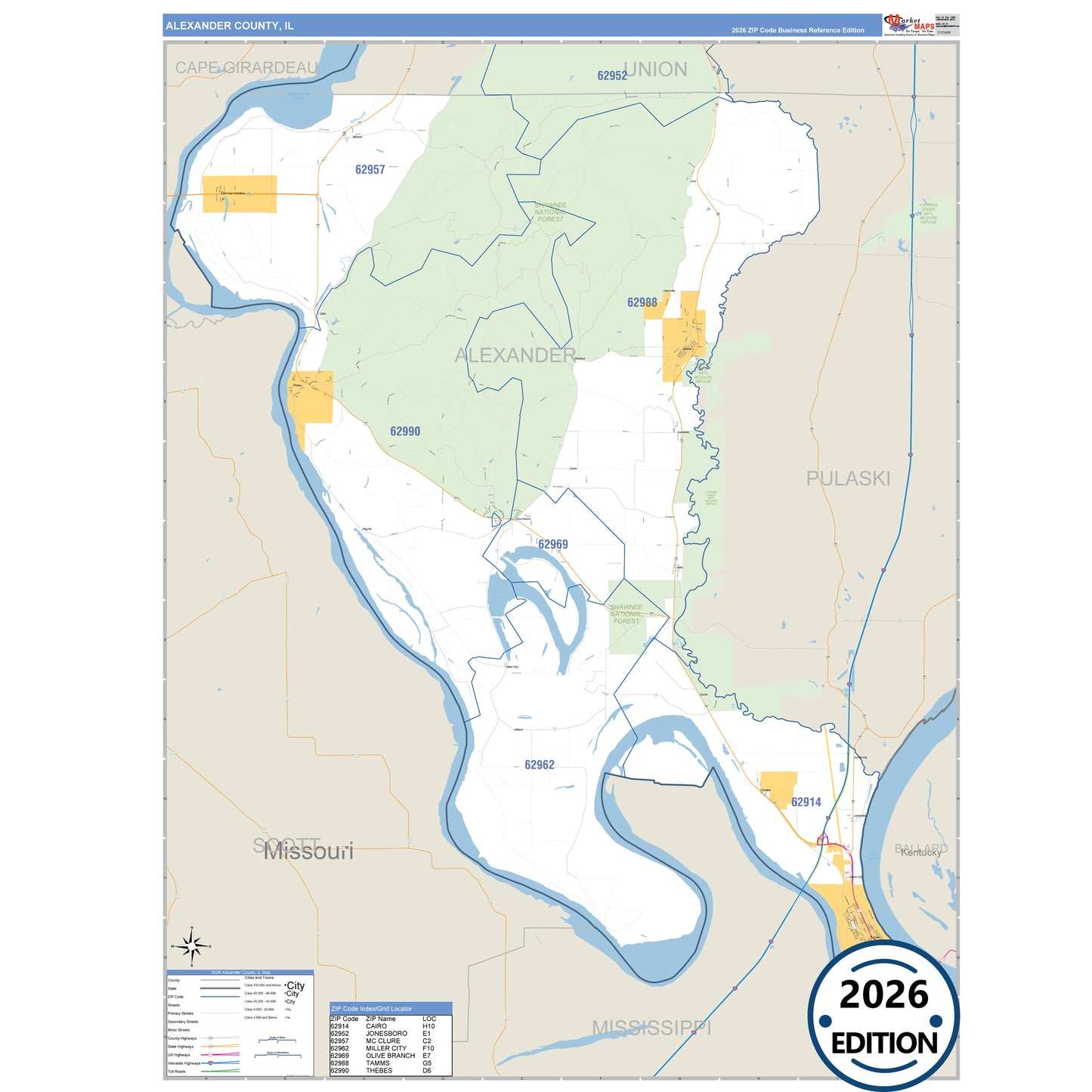 Alexander County, IL Business Reference 5 Digit ZIP Code Wall Map