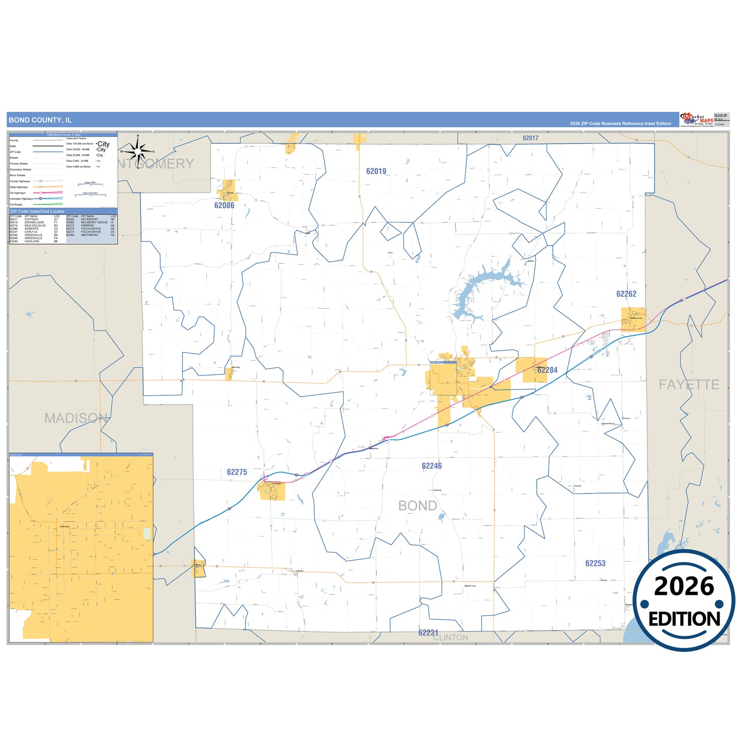 Bond County, IL Business Reference 5 Digit ZIP Code Wall Map