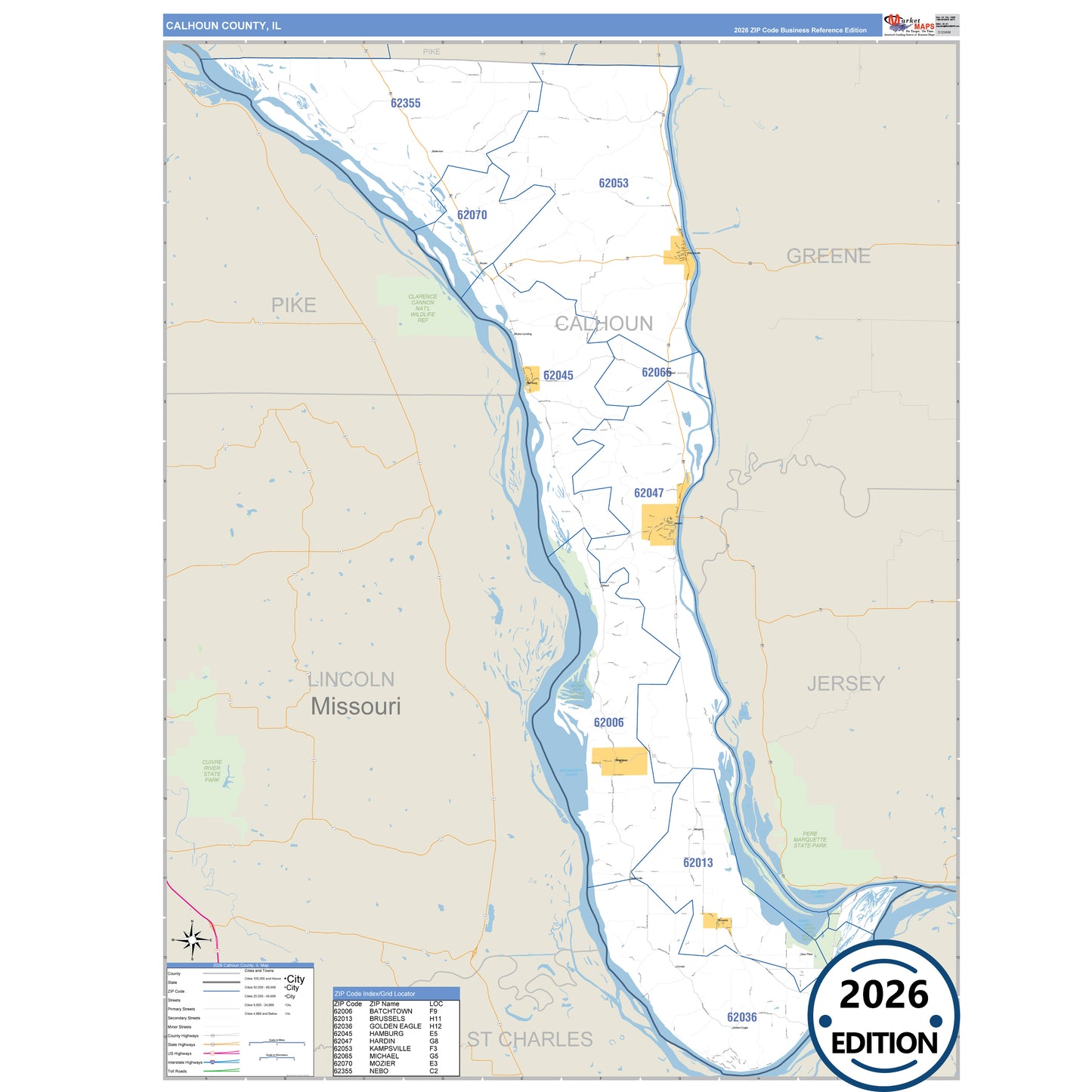 Calhoun County, IL Business Reference 5 Digit ZIP Code Wall Map