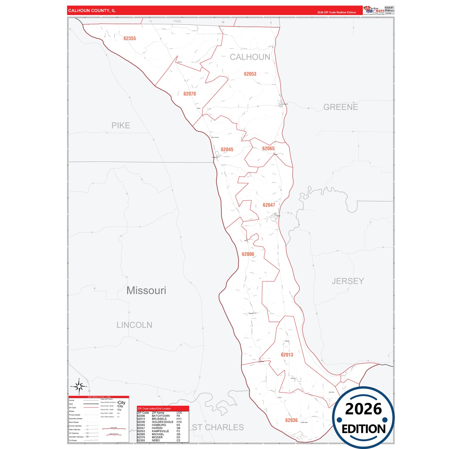 Calhoun County, IL Red Line 5 Digit ZIP Code Wall Map