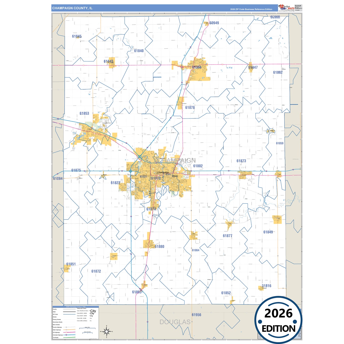 Champaign County, IL Business Reference 5 Digit ZIP Code Wall Map