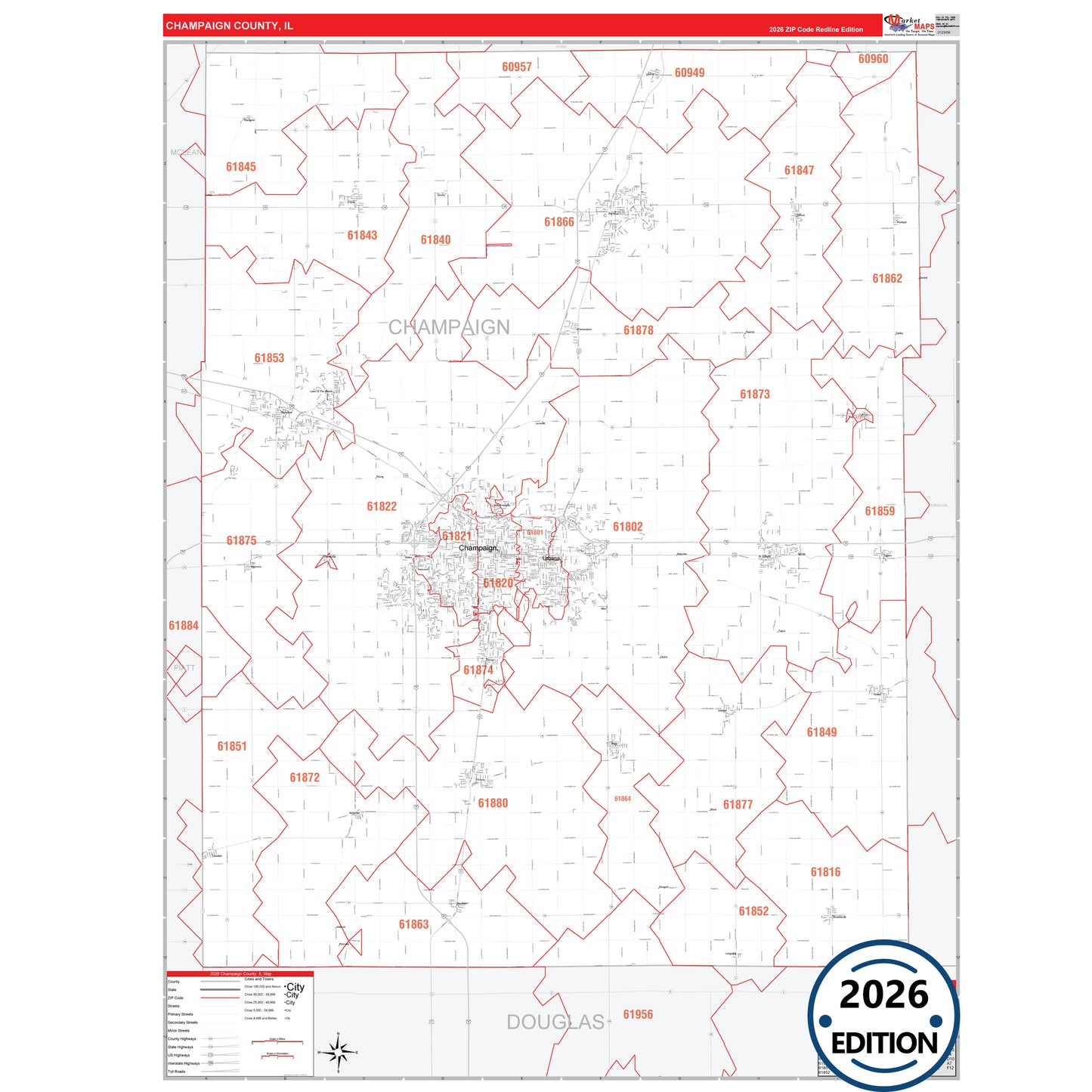 Champaign County, IL Red Line 5 Digit ZIP Code Wall Map