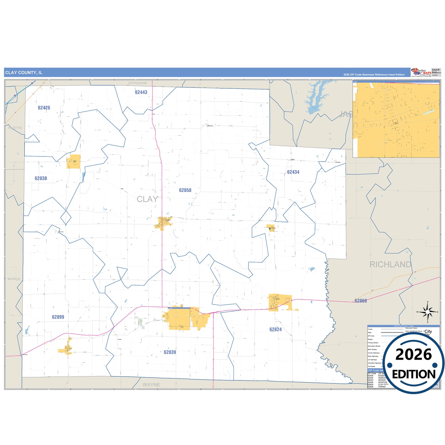 Clay County, IL Business Reference 5 Digit ZIP Code Wall Map