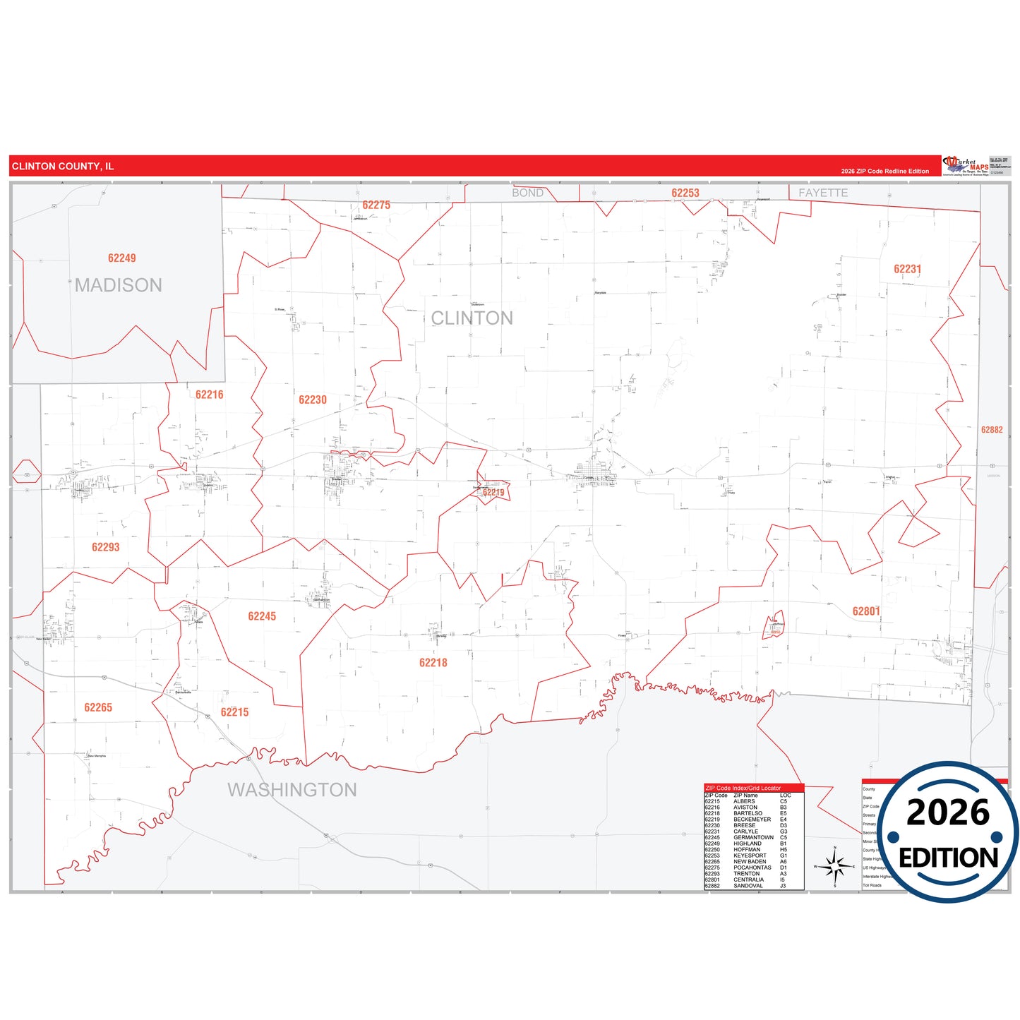 Clinton County, IL Red Line 5 Digit ZIP Code Wall Map